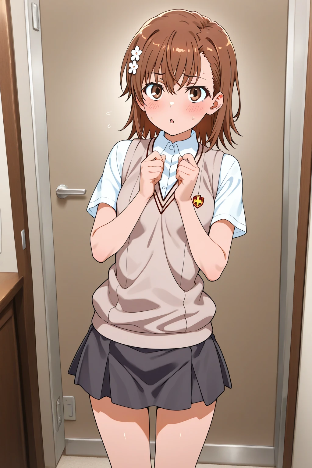 High resolution、Please wear appropriate formal attire、((small ???????))、((thin))、((grown adult woman))、((stretch your hands forward,))、(((The ????? is inserted into the ??????))、((1 male))、i feel it、craziness、????、Misaka Mikoto、brown short hair、((Tokiwadai Junior High School uniform))、perfect feet((loose socks))、((I'm trembling))、(holding the legs with both hands)、((five perfect hands))、white fluid from ??????、