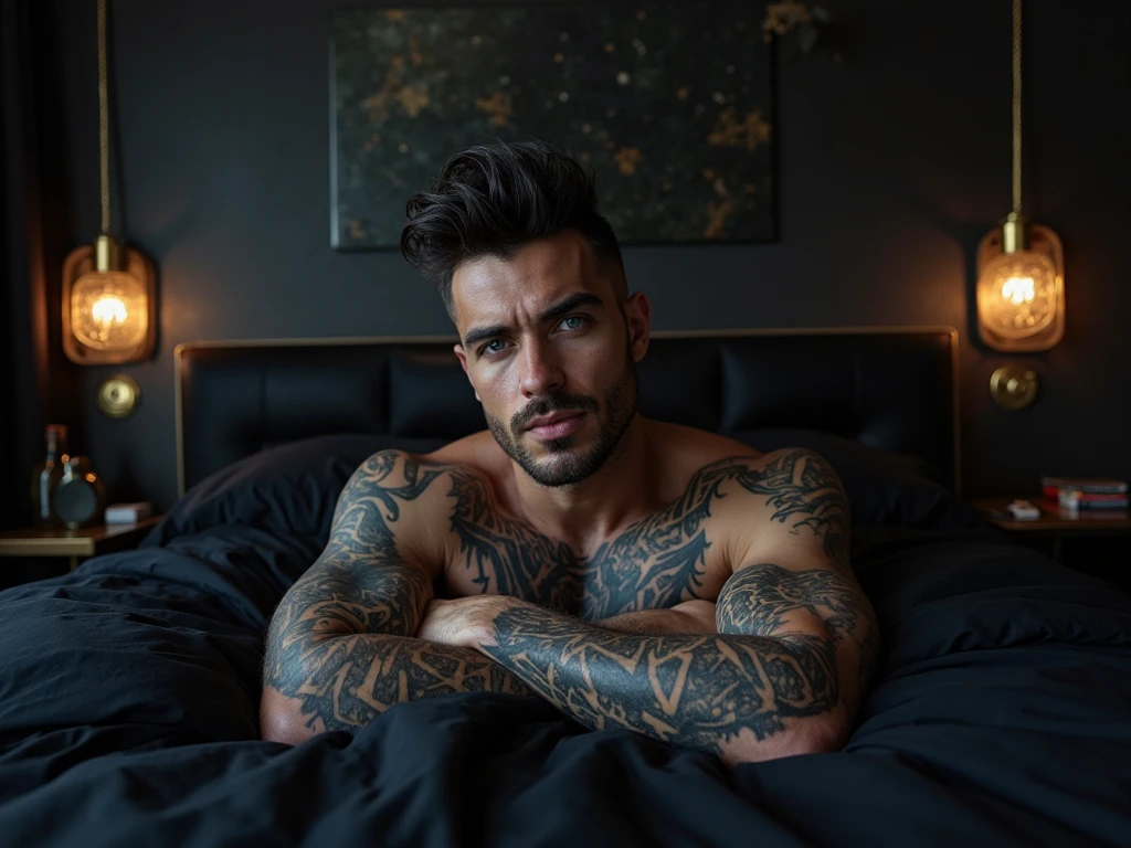 arafed man laying in bed with white sheets and a white blanket, posing in bed, laying in bed, tattooed man, man in his 30s, lying in bed, laying back on the bed, laying on a bed, someone sits in bed, someone in home sits in bed, singer maluma, while posing in the same bed