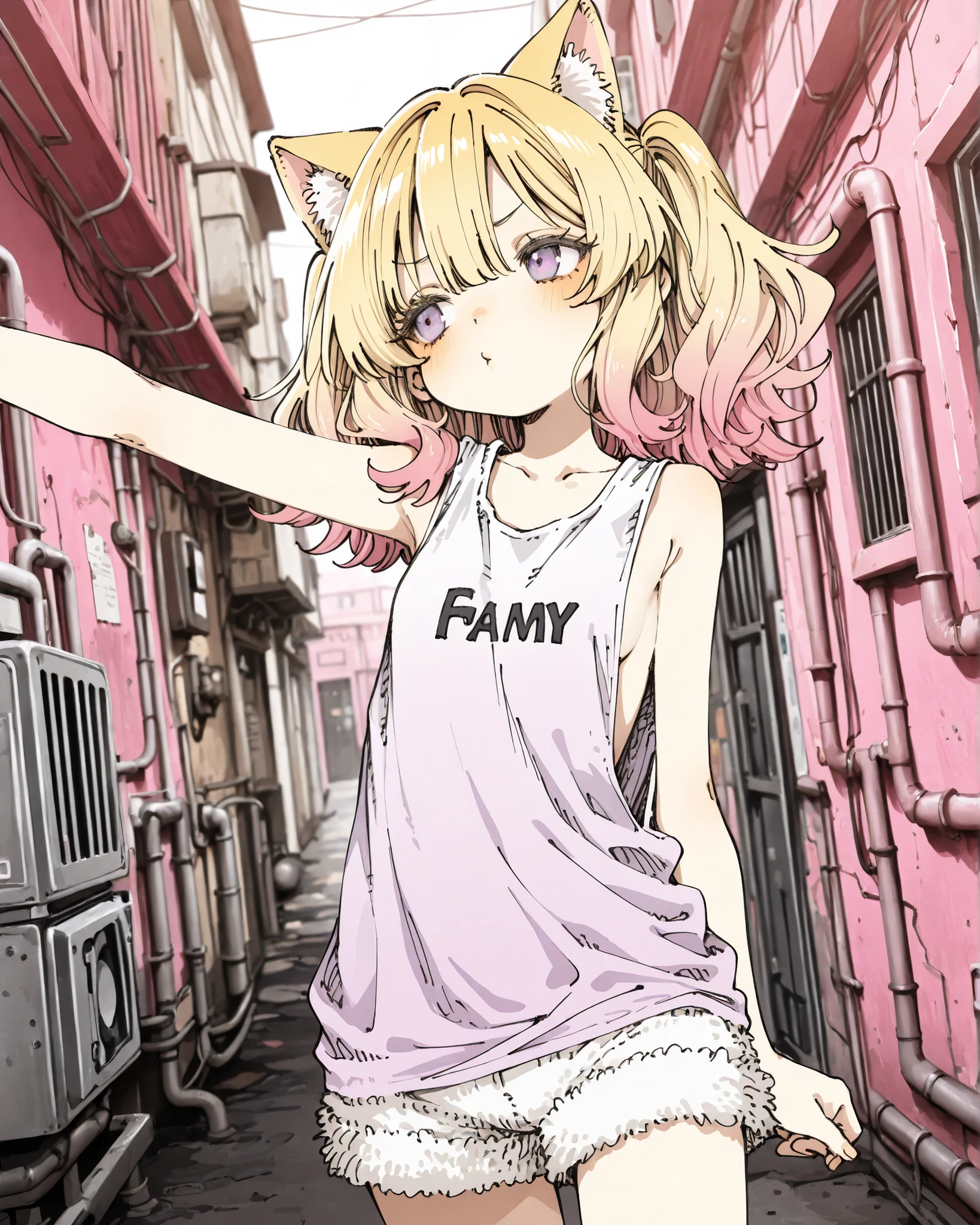 ((Abara Heiki Style)), ((Masterpiece)), ((best quality, amazing quality)), ((very aesthetic, absurdres, newest)), ((detailed background, negative space, blurry background, depth of field)), (dynamic angle), ((1girl)), Cute young Girl, (Healthy Gaunt body, Textured skin, small , tilt head), (pale purple eyes, gradient eyes, averting eyes, looking at side), (fidgeting, pout, puckered lips), Beautiful collarbone, (put on cat ears), (Asymmetrical long bangs), unruly hair, medium hair, ((beautiful blond hair, gradient hair, pink color Hair Tip)), (cute cheeks), glossy lips, pouty lips, (lower eyelashes), BREAK, (stained tanktop, sheer tanktop, low-cut armhole, slightly exposed sideboob),  arms, (fur shorts, fuzzy shorts, foamy shorts), leaning back, (arm up, outstretched arm), (loose standing on the Downtown alley, outdoor, nostalgic atmosphere), Unsafe back alley, aged asphalt, industrial pipe, 