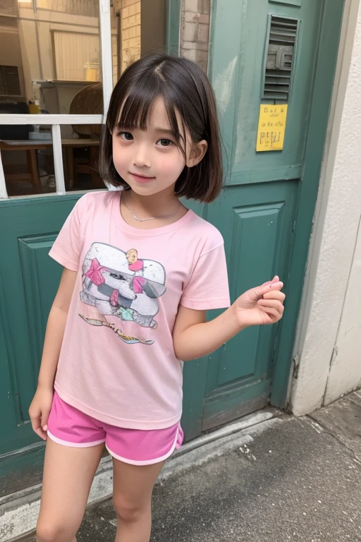 A adorable cute little girl standing, pale skin, smooth pale skin, skin tune pink, cute face, pink hair, ponytail hair, super detailed, 8k