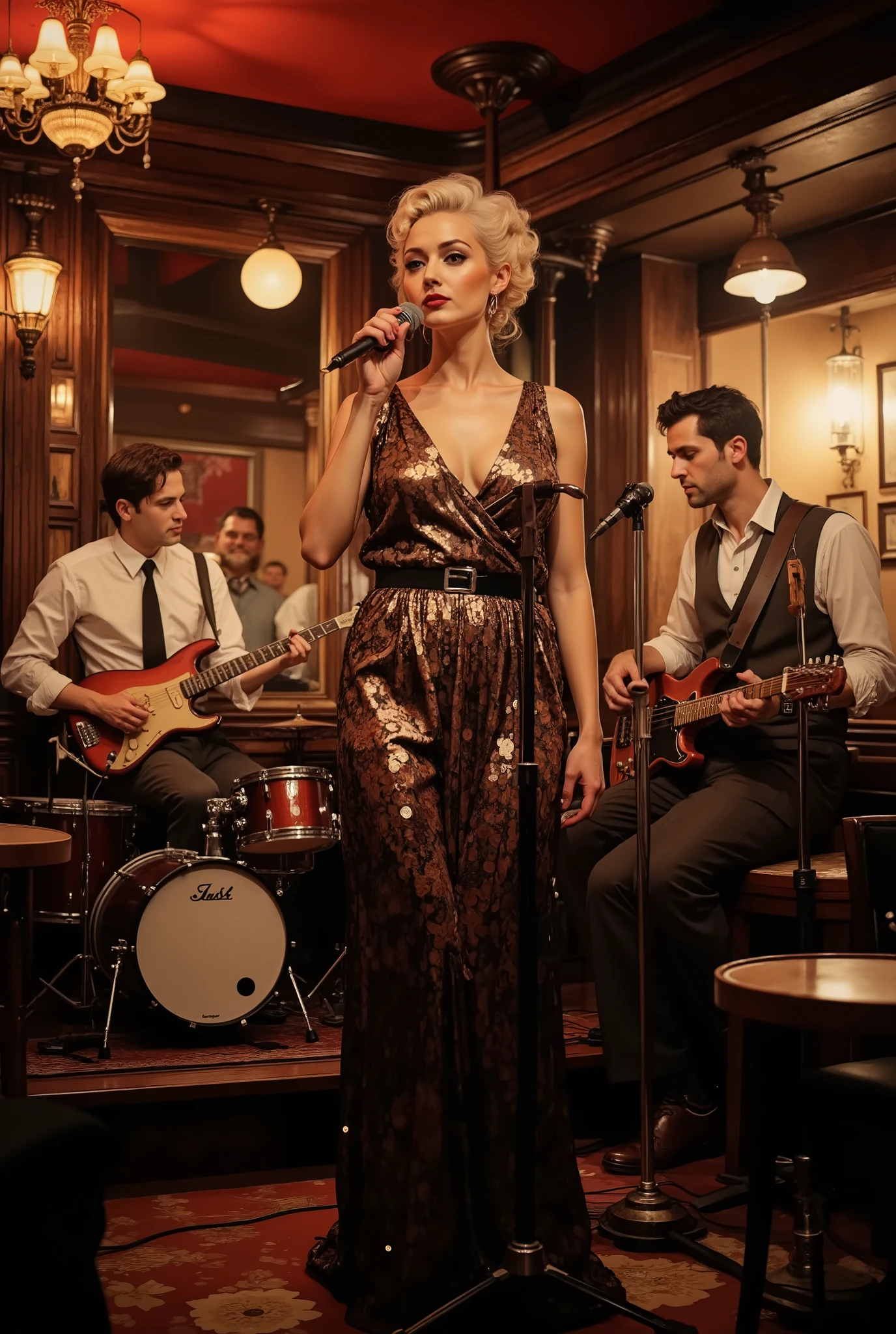 A jazz singer sings in a nightclub. Sequined dress, retro hairstyle. Retro microphone on the stand. A jazz band accompaniment is in the background. The atmosphere of a nightclub. Stage lighting, bar, tables. Bohemian and stylish. High detail.