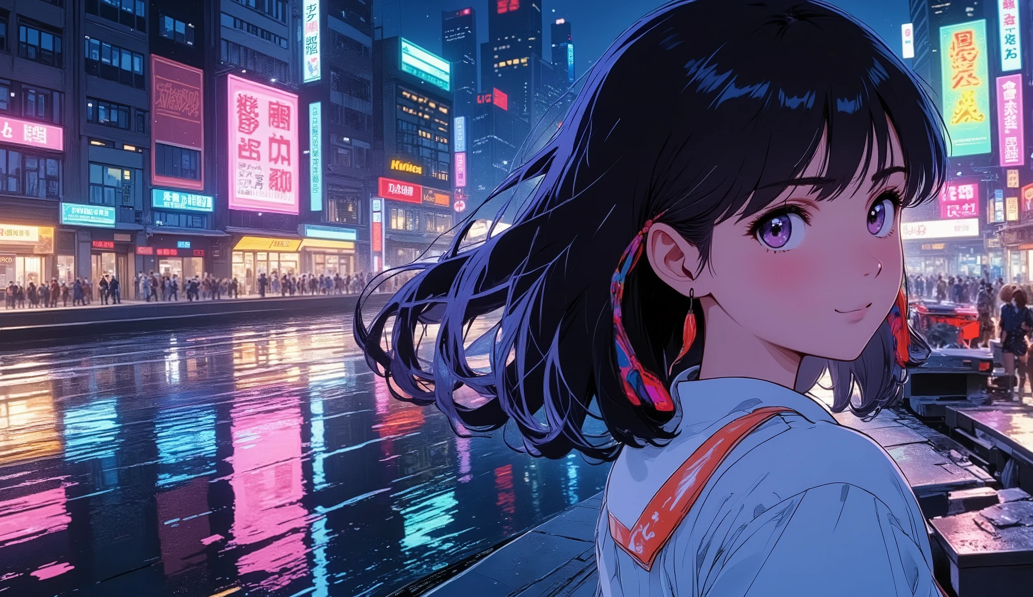 80's retro anime style, beautiful girl walking through the neon-lit city at night, upper body portrait.  
Her long hair flows gently in the night breeze, wearing a white blouse and skirt, soft expression with a touch of melancholy.  
Bright city lights and neon signs glow behind her, reflecting on her hair.  
Dreamy and cinematic atmosphere, pastel tones, VHS anime aesthetic, nostalgic mood.  
