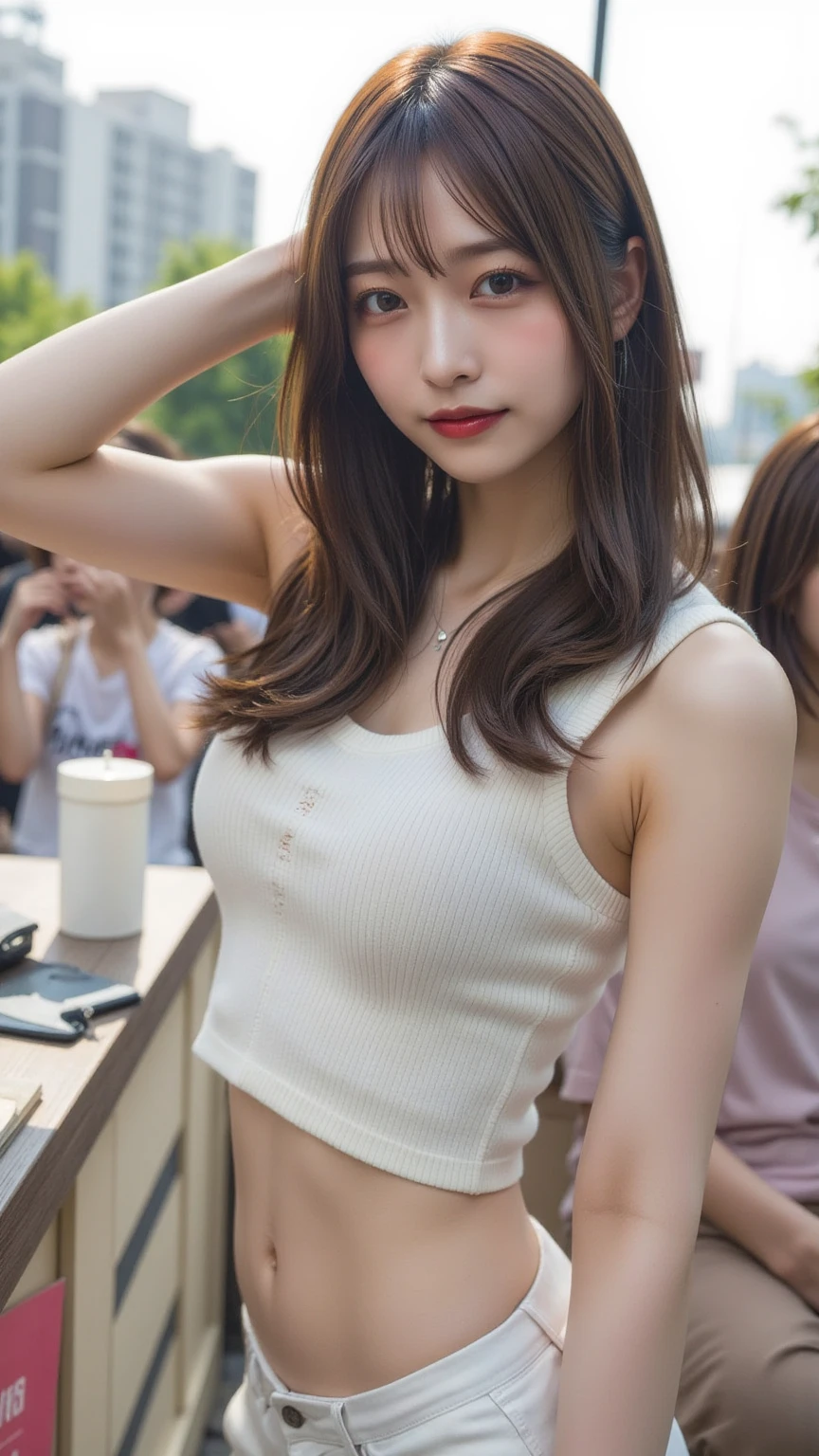 18 years old girls，Perfect face and，cute clothing，slim and slender physique。The skin has detailed and highly detailed eyes（1.1 emphasis），Very detailed skin texture（1.1 emphasiodel photo style，realisticlying，skin texture is real human skin texture，Detailed Skin Pore，Complicated details，The eyes are very detailed，kneesup，Attractive and sexy chibi，smile，，Eat parfait at a café，sitted，Dark blue knit sweater，black long pants，coffeehouse，tit， of breast，full bodyesbian，Full-body photography，Full body photography，Full body like，Slim waistline， Tempting,  slutty, (())， (Realistic, photograph realistic:1.37), Cinematic light