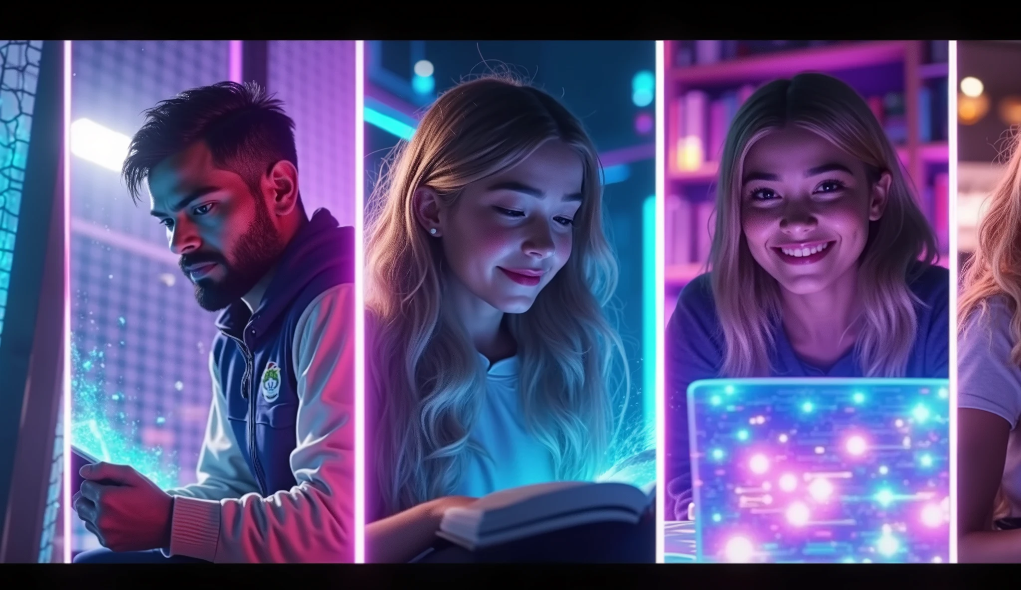 Cinematic inspirational montage: Virat Kohli training hard in nets, sweat glistening under stadium lights; a student happily ticking off chapters in a book with glowing pages; an entrepreneur smiling at solving problems on a laptop with glowing holograms of ideas — hyper-realistic, epic motivational lighting, ultra-detailed 8k render.