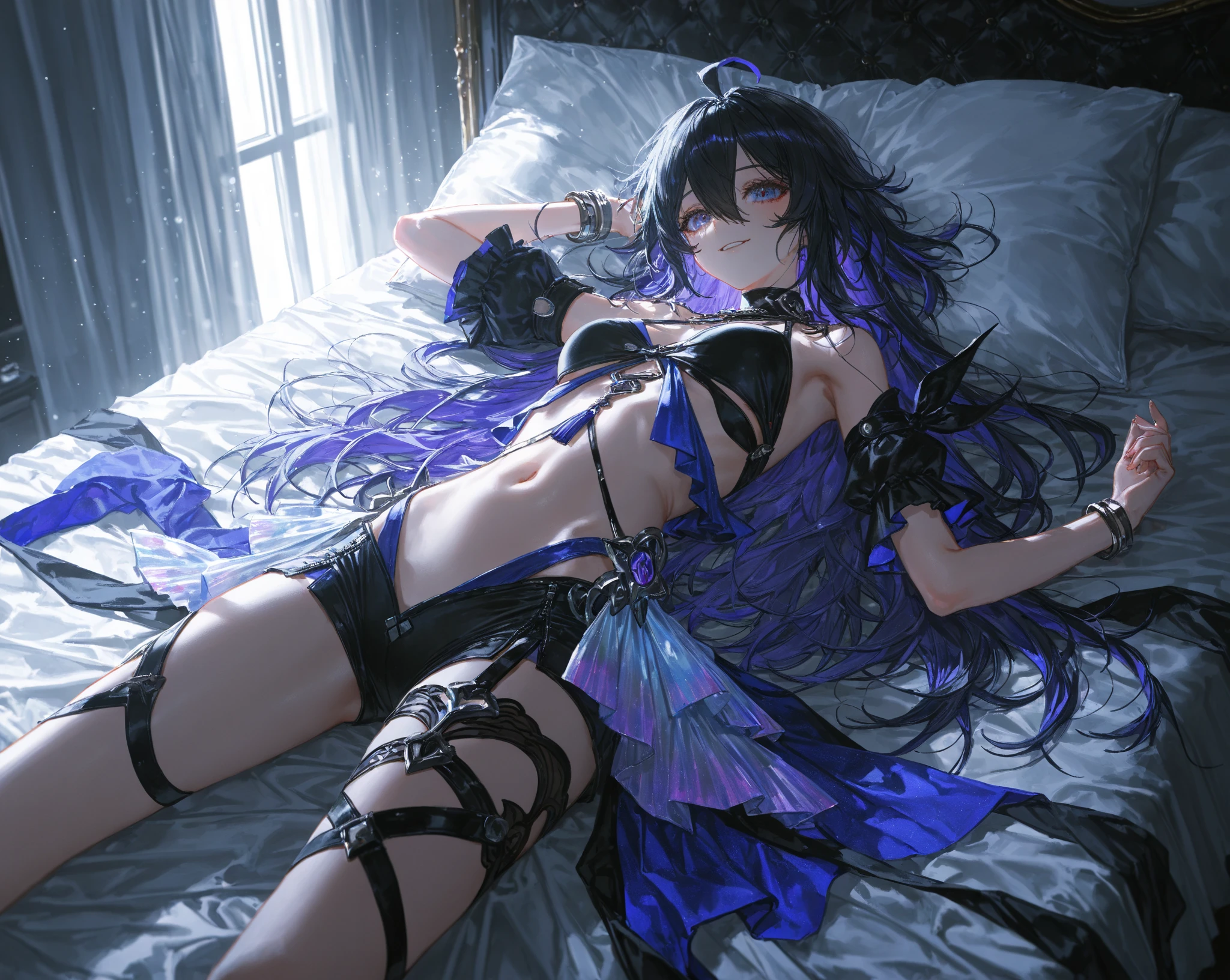 Highest quality,Highest Resolution,4K quality,Smiling beautiful girl,Full body close-up,Starry Eyes,Black hair ponytail,,Iridescent Bra,High leg,Rainbow garter belt,Rainbow colored knee-high stockings,Dark bedroom at night,Purple bedding,Iridescent underwear,Standing posture,