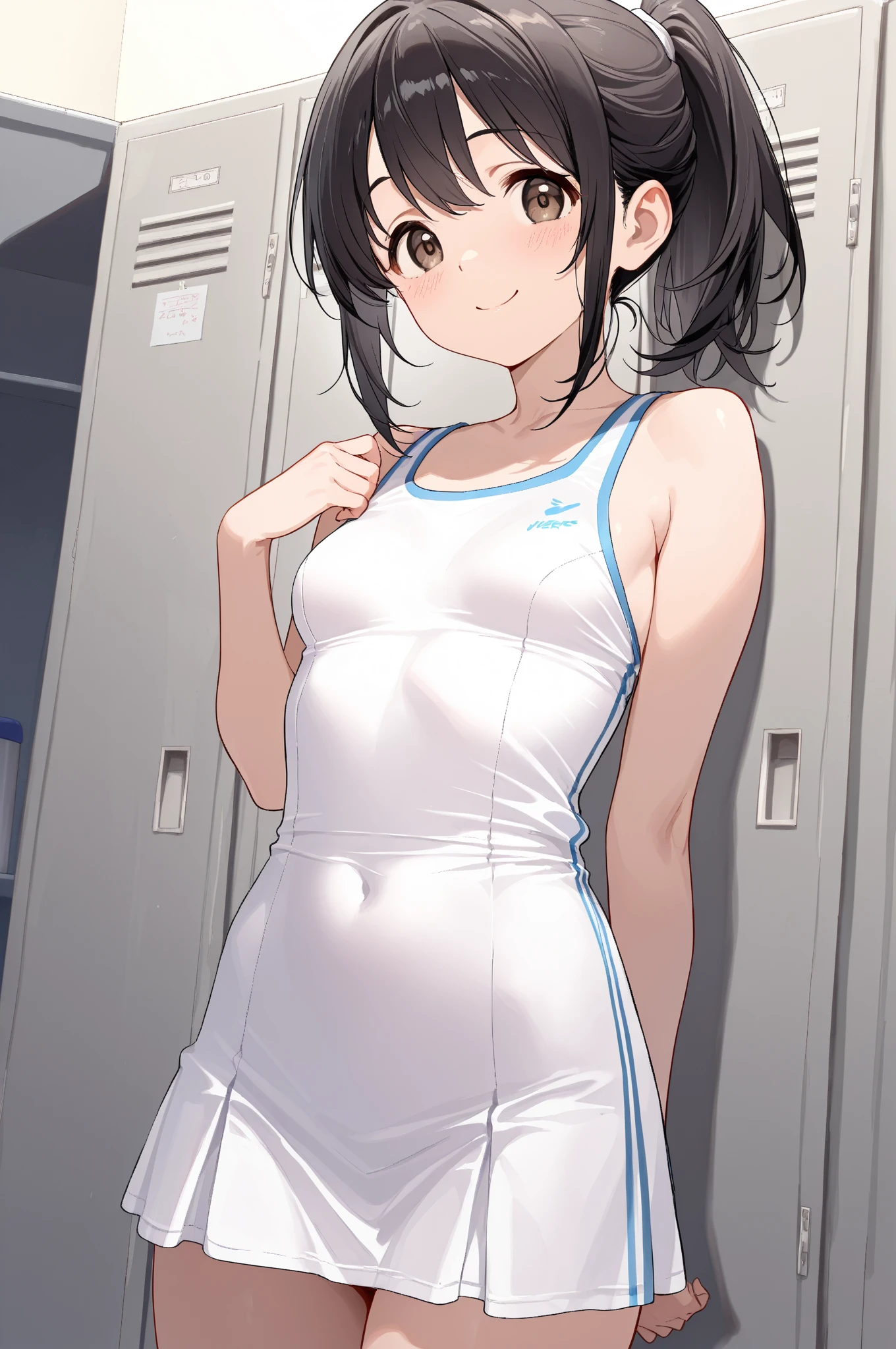 (8K、Highest image quality、highest quality、masterpiece)、detailed face、((one loli))、black hair、short twintails、gray eyes、evil smile、((grin))、small breasts、((Navy blue school swimsuit))、cowboy shot、((pose partially visible vulva))、Take from below、shower room background