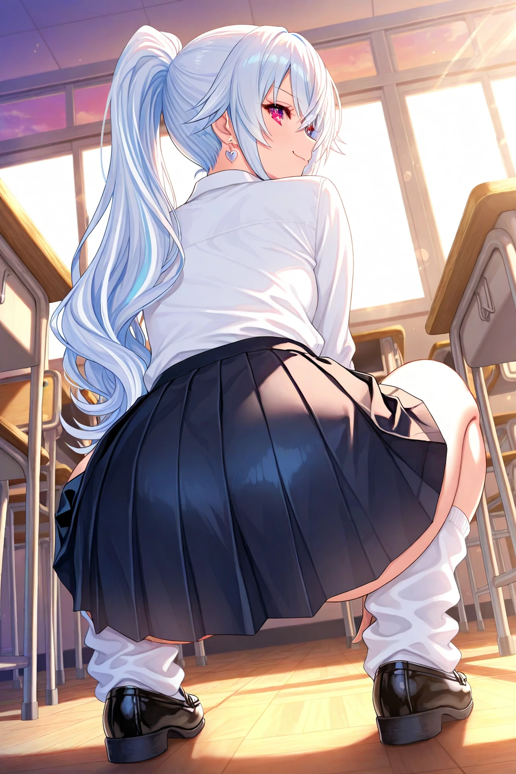 Best Quality, hight resolution, absurderes, Ultra-detailed, Suzuya_(kancolle), 1girl in, long_hair, Skirt, Solo, Shirt, Rain, Wet_Clothes, hair_ornament detached, Wet, Underwear, pleats_Skirt, See-through, bowtie, Red_Bow、bbw、thick thight、big butts、Ultramammy