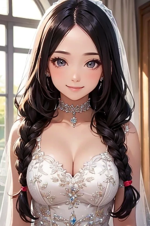 ((Black hair))), long hair, navy eyes, sexy, large breasts, beautiful body, masterpiece, smile, (((wedding dress print lingerie))), sexy lingerie, hotel bedroom,busty, buxom, curvy, voluptuous