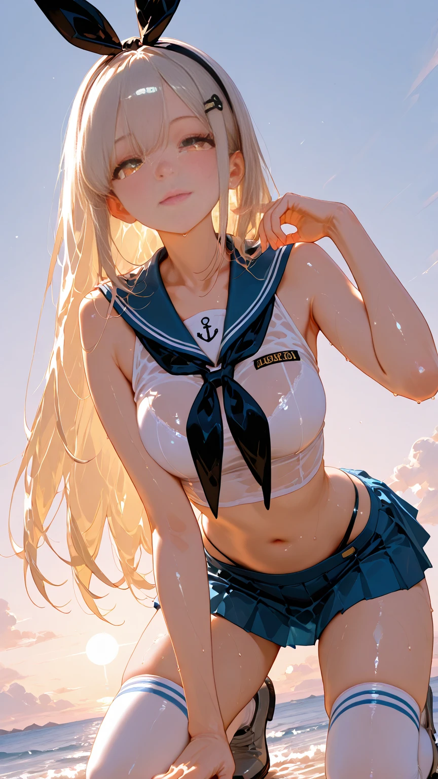 1 lady, HD quality, anime, solo full body shot, (sitting with hands back:1.3), (open legs to limit:1.3), (with one knee up:1.3), showing pubic area:, (under boob:1.6), Large breasts, (cleavage), shiny skin, smiling, (thin thighs:1.3), (Sailor uniform only for the upper body:1.5), (Crop Top sheer white shirt:1.5), (sleeveless:1.6), without brassiere, (sheer white tiny micro thong:1.5), poolside, (Green detailed eyes), blue sailor collar, red ribbon tie