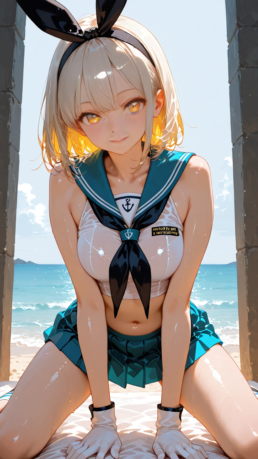 1 lady, HD quality, anime, solo full body shot, (sitting with hands back:1.3), (open legs to limit:1.5), (with one knee up:1.3), showing pubic area:, (under boob:1.6), Large breasts, (cleavage), shiny skin, smiling, (thin thighs:1.3), (Sailor uniform only for the upper body:1.5), (Crop Top sheer white shirt:1.5), (sleeveless:1.6), without brassiere, (sheer white tiny micro thong:1.5), poolside, (Green detailed eyes), blue sailor collar, red ribbon tie