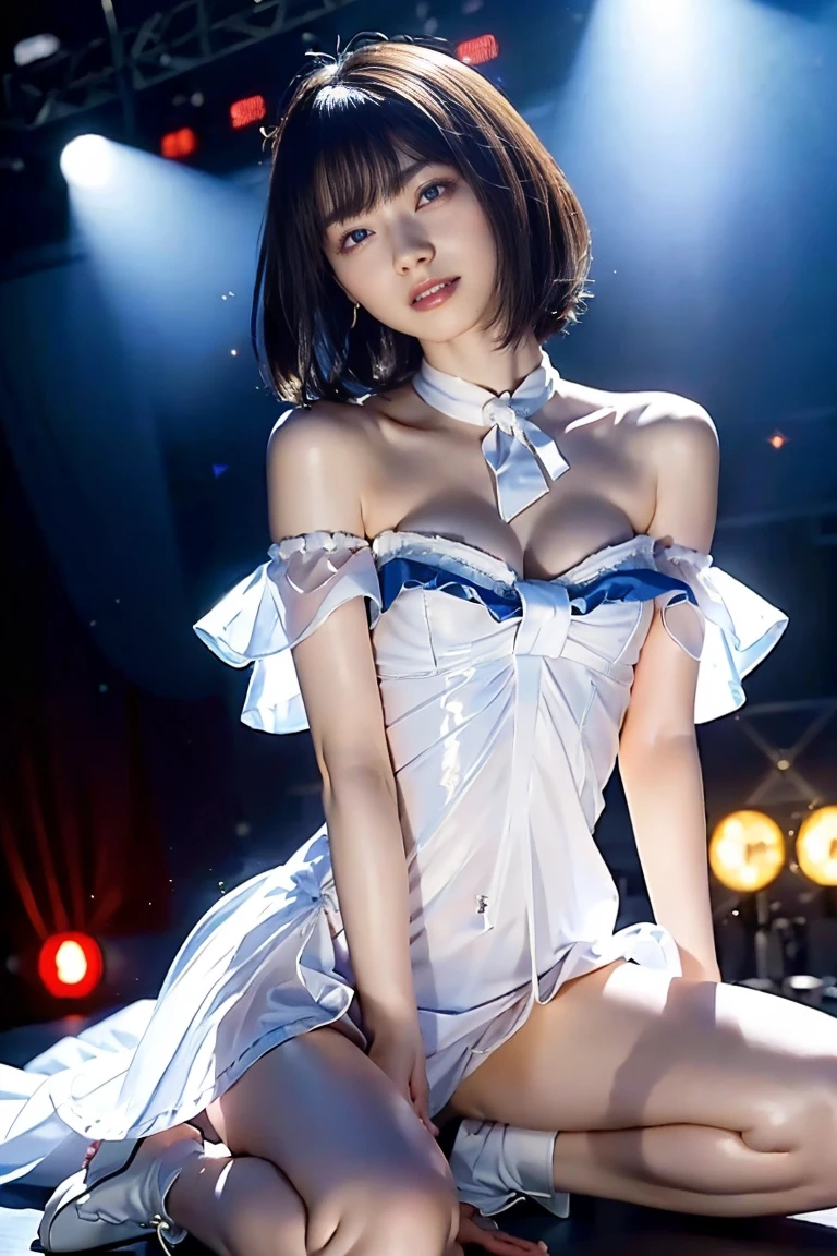 masterpiece, best quality, photorealistic, raw photo, DSLR, beautiful Japanese girl, 15-year-old, solo, highly detailed fair skin, shiny skin, realistic face, beautiful face, no makeup face, (highly detailed realistic eyes), beautiful eyes, bright eyes, double eyelids, look at viewer, (black short hair), (dark short hair), bangs, disheveled hair, slim figure, slim face, slim waist, big breasts, small shoulder width, narrow thighs, ((highly detailed precure costume, surrounded by a swirling vortex of magical energy)), beautiful lighting, perfect lighting, realistic shadows, highly detailed, highly delicate and beautiful, ultra high resolution, 8k UHD wallpaper,