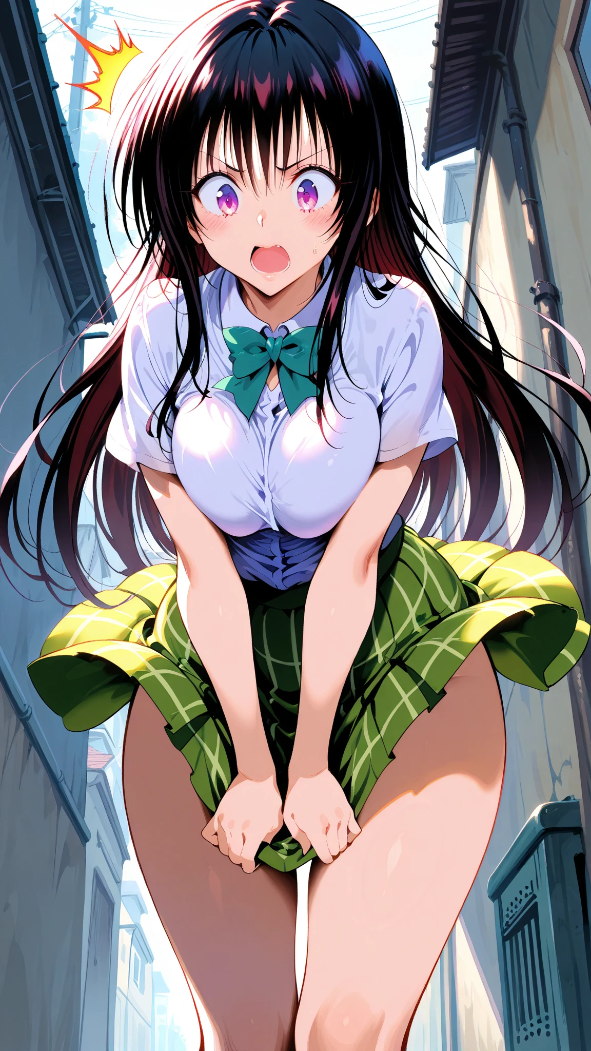 highest quality,masterpiece,8k,1girl,((big breasts:1.3)),((orgasm,blush,ahegao,saliva,saliva trail:1.1)), sweat,mini skirt,lift skirt,upskirt,Mizuki Yukikaze,hair ribbon, green shirt, serafuku, white neckerchief, long sleeves, pleated skirt, black skirt, black thighhighs,vagina in dildo,pussy juice,white panties,classroom