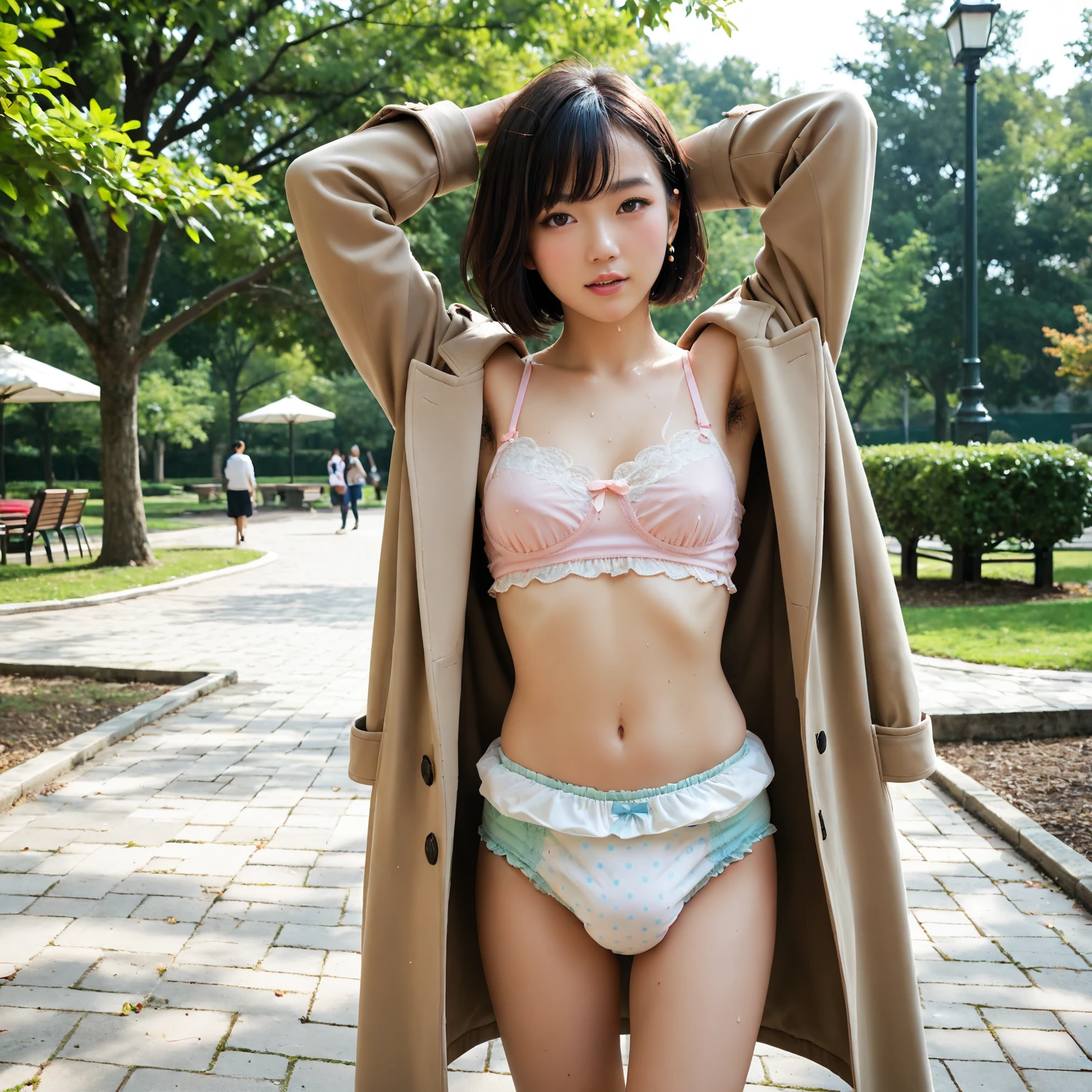 (Realistic:1.4, 8K), Highest quality, masterpiece, Ultra-high resolution, (Cinematic lens effects), (一面芝生の公園にAre standing)、(Beautiful Face), (Brown Hair:1.3, bangs, Long Hair), Highly detailed skin and facial textures:1.3, Sunburned skin:1.0, Shining Legs, Limb details, (Gal Makeup, eyeliner, Lip gloss, Beautiful erotic eyes:0.85), Sexy Face:0.8, (Beautiful Eyes, Thick lips, A taste of beautiful eroticism:0.85), (Too cute beauty:0.9), (Looking into the camera), Sexy Underwear(Sexy Underwearをランダムに着用)、Are standing、((A shy smile、See through、Very small breasts、View from the front、))、Lots of eyelashes、skeletally correct、1 Girl、Slim figure、Full Body Shot