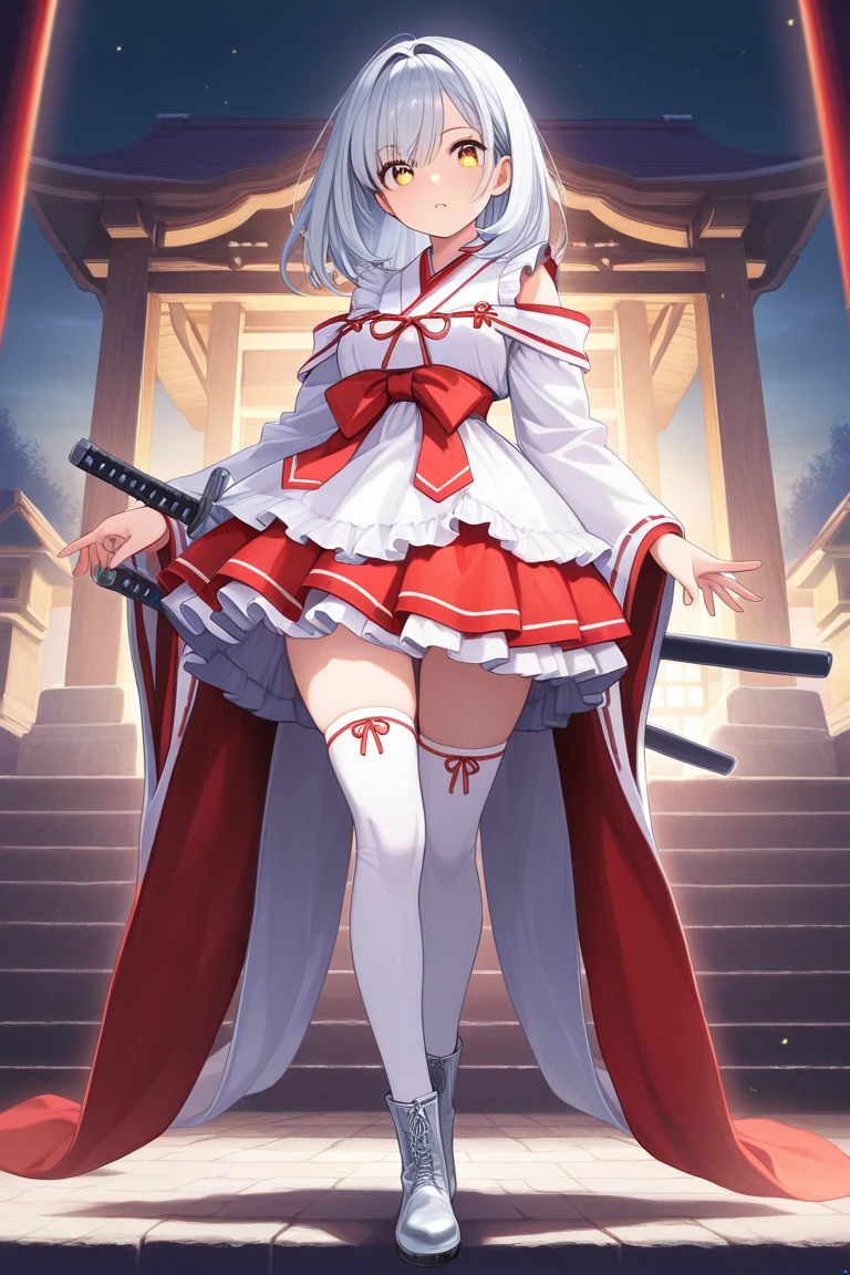 (masterpiece),(Highest quality),(Super detailed),(Best illustrations),(so beautiful), so beautiful長い脚,  Silver Hair, Red eyes, Very long hair, High Ponytail, Removable sleeves, skirt, Frills, red skirt, Wide sleeves, Red Shirt, frilled skirt,Sleeves edged with ribbon, Frillsシャツの襟, Bare shoulders, skirt, White thighhighs, Non-traditional Shrine Maiden, holding weapon, huge_sword, duel, 