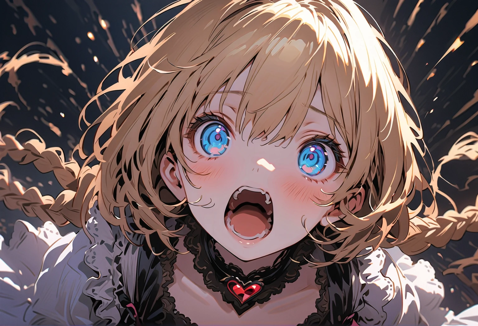 (masterpiece:1.2), (highest quality:1.2), perfect eyes, perfect face, perfect lighting, medieval lake 1 boy,(blonde) (deep red eyes), ((((((hair above one eye,)))))), Braidスタイル, spike hair, dull bangs, (bob hair), (Braid), Ahoge, (nude), cute eyes, medium breast, open mouth, (smile), fang, ((((from above)))), ((From the side)), open mouth, Vivid depiction,dark black knight armor, black robe, skirt, Thighhighs, arms behind back立っている (tooth), ((looking up:1.3))), (face close up:1.4) orgasm, scared, ((((((cum on hair)))))),
