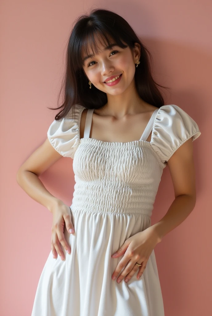 (((best quality))),(((ultra detailed))),(((masterpiece))),illustration,1girl,maid cafe,stunningly beautiful,slim,medium straight bob hair,flat chest,deep captivating eyes,maid costume,lace apron,bare arms,arms behind back,slender legs,pantyhose,graceful movements,confident charm,warm genuine smile,France cafe,sliding paper doors,delicious coffee pastries,warm inviting atmosphere,joyful eyes,Coffee Machine,upper body