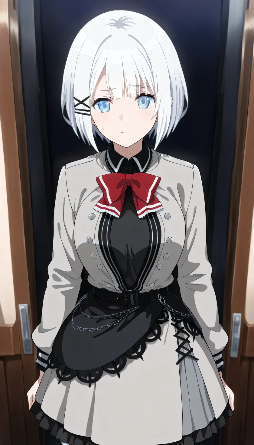 {{{masterpiece}}}, (best quality:1.5), (ultra-detailed:1.5), {illustration}, {{an extremely delicate and beautiful}}, (beautiful detailed eyes:1.6), absurdres, highres, extremely detailed face, 16k, hd, visual anime de uma jovem mulher, extremamente bonito rosto de anime, anime melhor garota, (perfect hands, perfect anatomy), anime face, Siesta (The Detective Is Already Dead), 1girl, solo, cute face, white hair, short hair, bangs, x hair ornament, sidelocks, blue eyes, (High resolution eyes, Beautiful eyes, Light in the eyes), medium breasts, big hips, curvaceous, BREAK, (grey jacket:1.2), grey dress, open jacket, long sleeve, grey sleeve, black shirt, collard shirt, red bowtie, black belt, (black apron:0.8), grey skirt, flared skirt, black pantyhose,