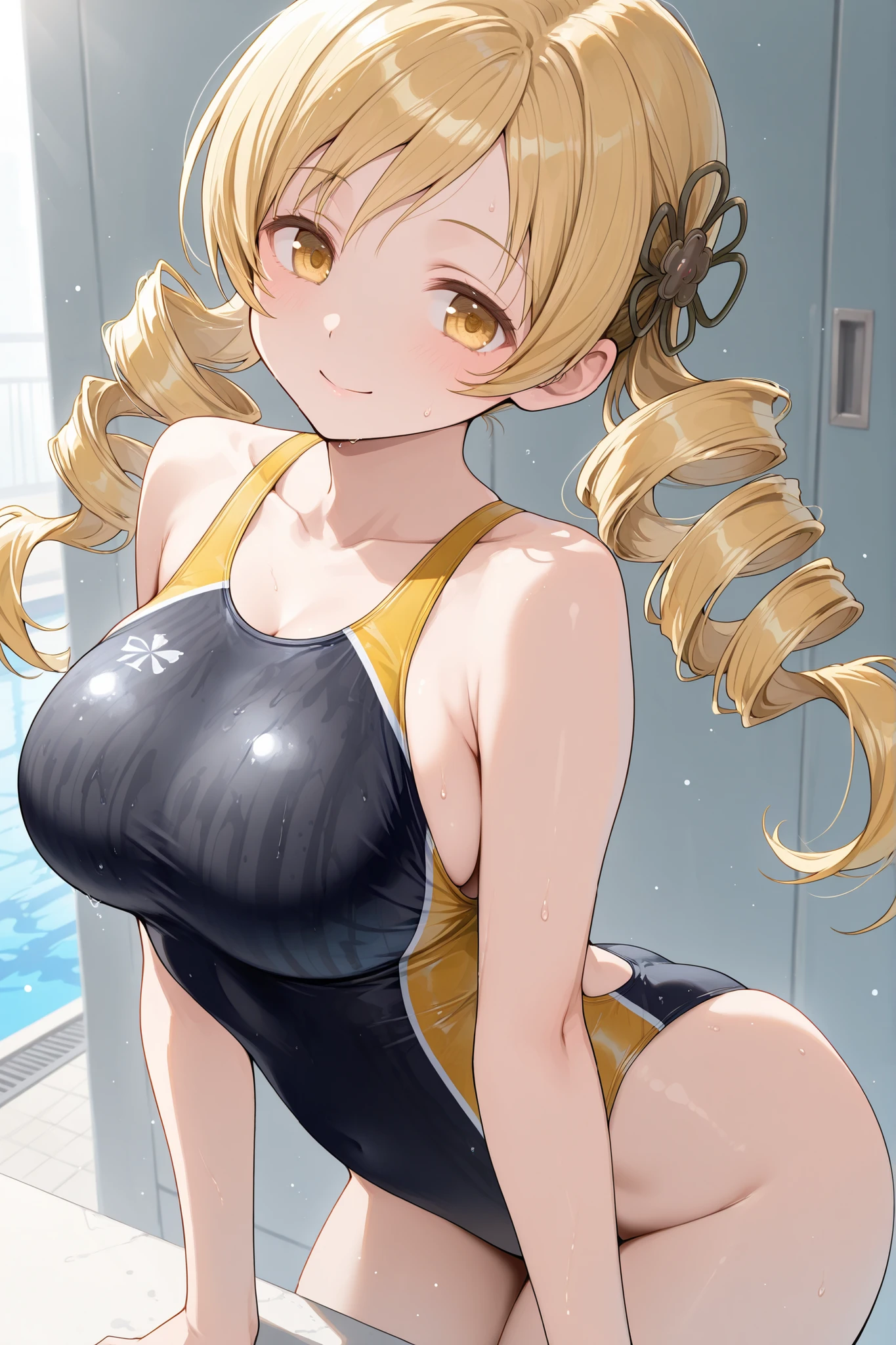 {{{masterpiece}}}, {{{best quality}}}, {{ultra-detailed}}, {illustration}, {{an extremely delicate and beautiful}}, (beautiful detailed eyes:1.6), extremely detailed face, 8k, anime face, Eiko Tsukimi(Ya Boy Kongming!), 1girl, solo, long hair, twin braids, braid, blonde hair, bangs, blush, black headwear, blue eyes, medium breasts, thin waist, big hips, curvaceous, plump thighs, BREAK,swimsuit, one-piece swimsuit, school swimsuit, old school swimsuit, (gris swimsuit:1.3), covered navel, collarbone, blue one-piece swimsuit, strap slip, BREAK, swimsuit aside, wet, pool, embarrassed, flushed cheeks, thighs, bare arms, cowboy shot, standing, outdoor, sky, daytime, Dutch angle, cameltoe