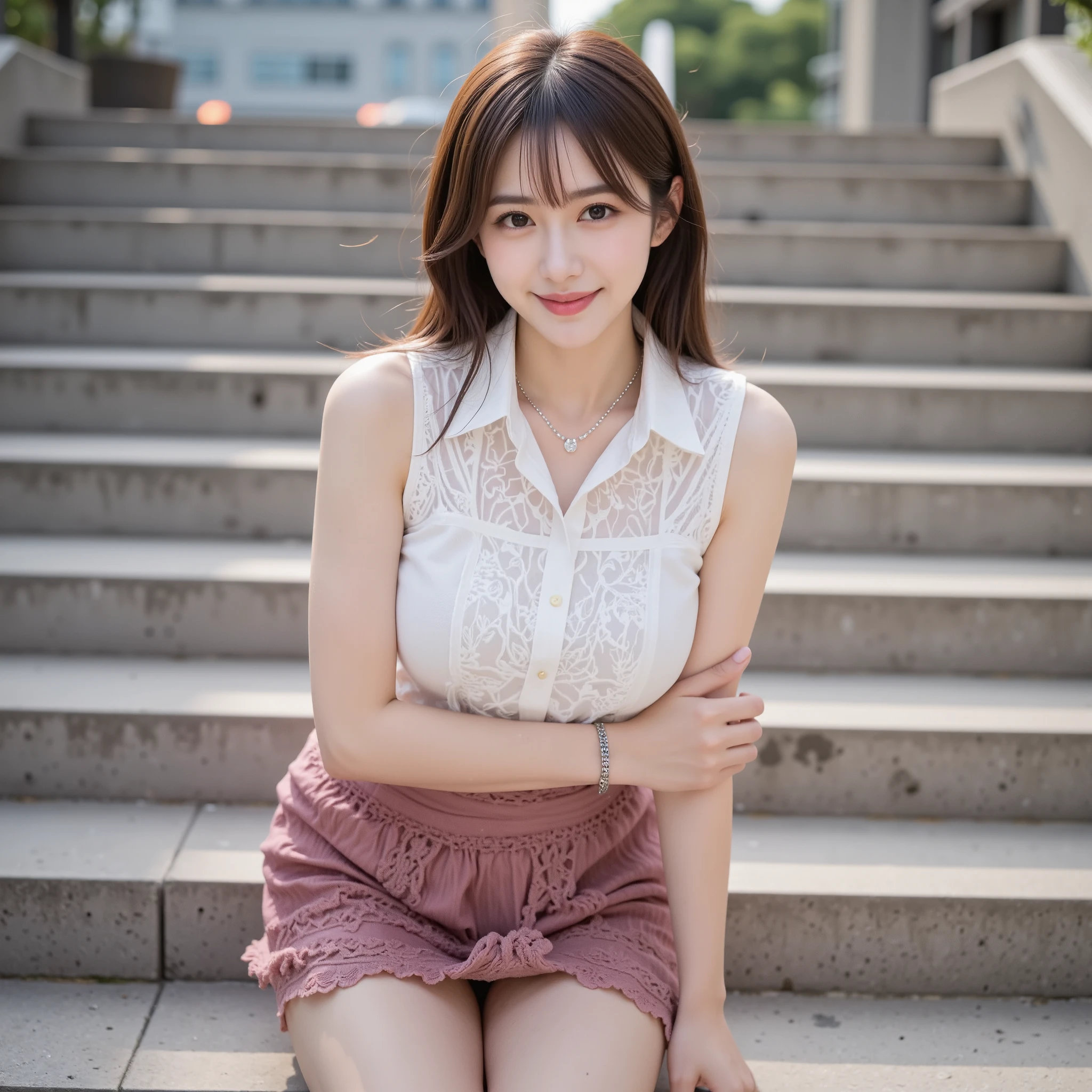 NSFW, (Uncensored), (Highest Quality), (Ultra-Precise CG 16K Wallpaper), (Realistic), (High Saturation), (Sharp), (Triangular Composition), Beautiful Detailed Shading, Beautiful Natural Lighting, Beautiful Detail Glow, Natural Light, Depth of Field, Zoom-in, (Mature 24-year-old Woman, One Person), (Beautiful Japanese Face), (Straight Semi-Long Hairstyle with Bangs Down), (Shiny Brown Hair), (Sparkling Eyes), (C-Cup Breasts), (Beautiful Breasts), (Beautiful Legs), (Beautiful Skin), Beautiful Proportion, (Afternoon Sunlight), (Woman Smiling with Open Mouth: 1.1), (The Woman is Looking at Me), (Woman Wearing a White Sleeveless Collared Cotton Lace Shirt and a Dark Pink Low-Rise Cotton Lace Miniskirt), (Wearing a Sparkling Necklace), (Arm Bending Pose), (Stairs), (Head to Waist Shot of Woman), (Image of Woman Viewed from Three-Quarter Front), (Woman Standing in Front of Stairs),