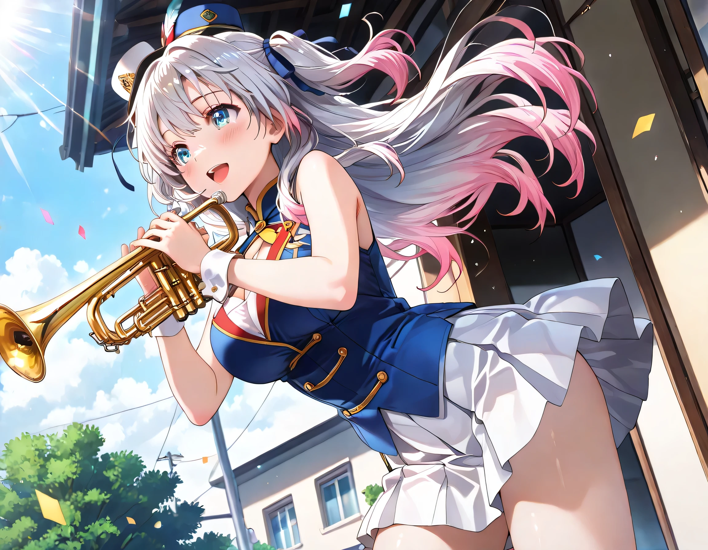 ((ultra-detailed)), (highly detailed CG illustration), (best quality:1.3), ultra-highly detailed, colorful composition, artistic photoshoot, 1girl, solo, moe anime character, Anime-style, harmonious color palette, ethereal ambiance, dainty facial structure, round face, rounded chin:1.2, short stature, blue eyes:1.3, sagging eyes:1.3, (silver hair:1.4), (gradient hair from silver to pink:1.4):0.4, long hair, two side up hairstyle, delicate curls, soft shading, hair ribbon with black, ample breasts, Sunfes, band uniform, mini shackle hat, sleeveless, blue vest, pleated skirt, smile:1.3, happy:1.3, joyful:1.3, blush:1.3, open mouth, flowing hair in the wind, (have the trumpet:1.4), (trumpet that shines reflecting the sunlight:1.4), from front, anted angle, from below, looking away, cowboy shot, playing while marching through the city:1.3, marching band members, beautiful detailed sky, multicolored confetti flying in the wind:1.4, audiences covering the roadside, shining sunlight shines, summer, daytime, sidelighting, dynamic pose, contrapposto pose, best quality, masterpiece, cinematic lighting, 8K resolution, portrait, depth of field, caustics, ray tracing, perfect face, lustrous skin, highly detailed face, highly detailed eyes, perfect face, perfect nose, perfect hair, perfect eyes, beautiful hair, beautiful small face, extremely detailed face, beautiful detailed eyes, beautiful clavicle, beautiful body, beautiful ample breasts, cleavage, breasts squeezed together, beautiful thin thighs, beautiful legs, beautiful fingers, 4 fingers, 1 thumb, lovely, (very detailed background:1.0), (highly detailed background:1.0), pastel colors palette, kawaii aesthetic, intricate details, girly atmosphere, chromatic aberration