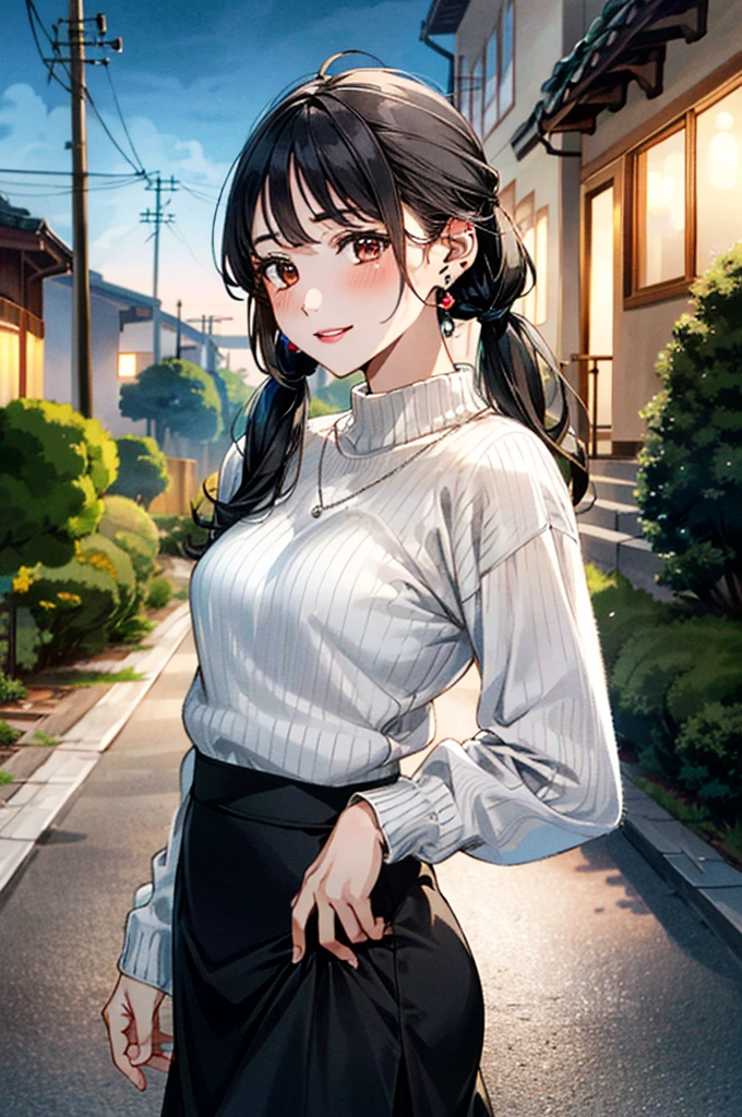 masterpiece,Black hair,jewelry, best quality, shawl, Hairpin,shirt,skirt, Sky, cloud, outdoor, Smile, Atmospheric perspective,Fashion pose,Mature and elegant elder sister,only one person