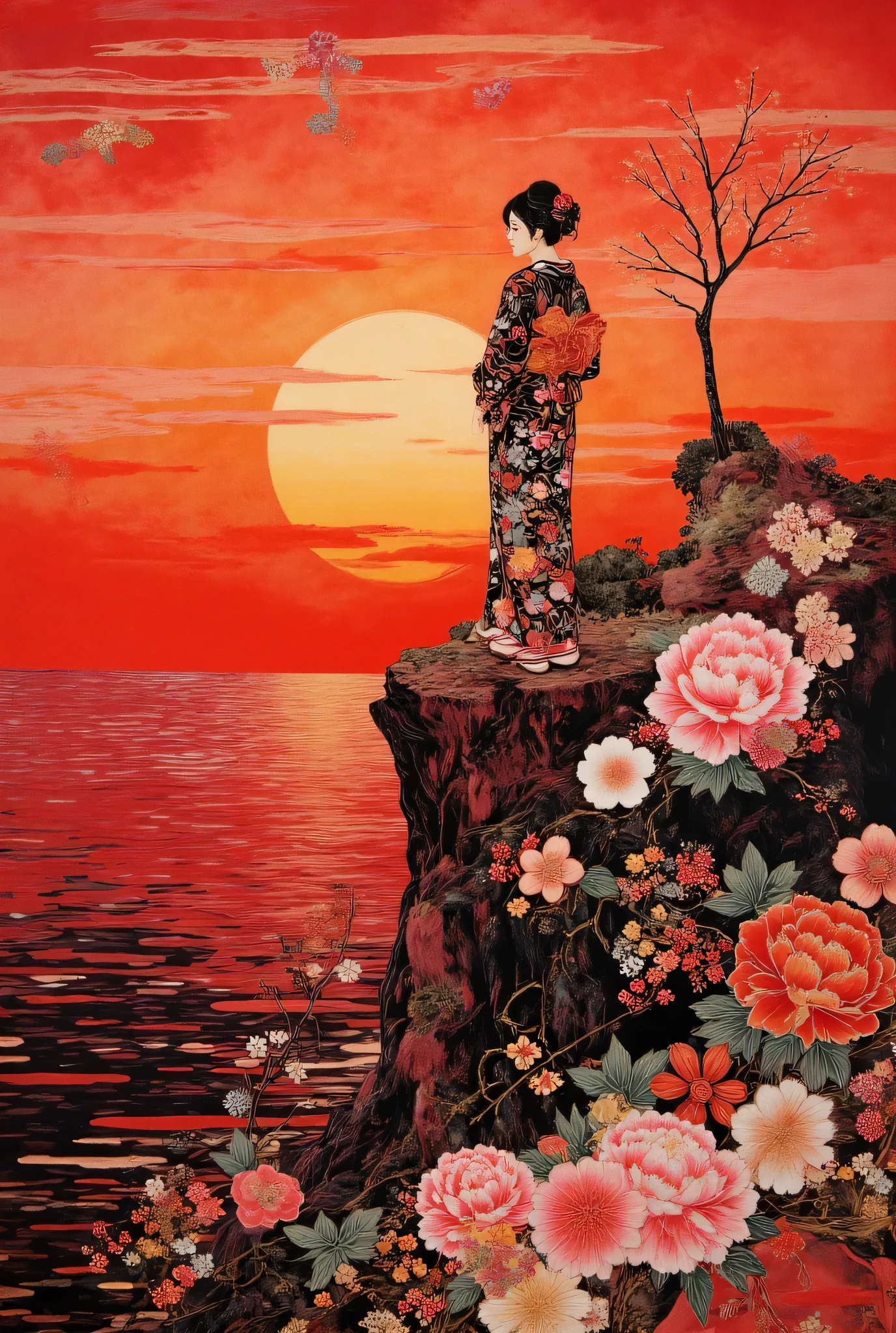 Woman in kimono standing on a cliff with the sunset in the background、Detective in a trench coat hunting down a woman、painting style painted in red and black ink、digital art、Highest Quality、high image quality、masterpiece