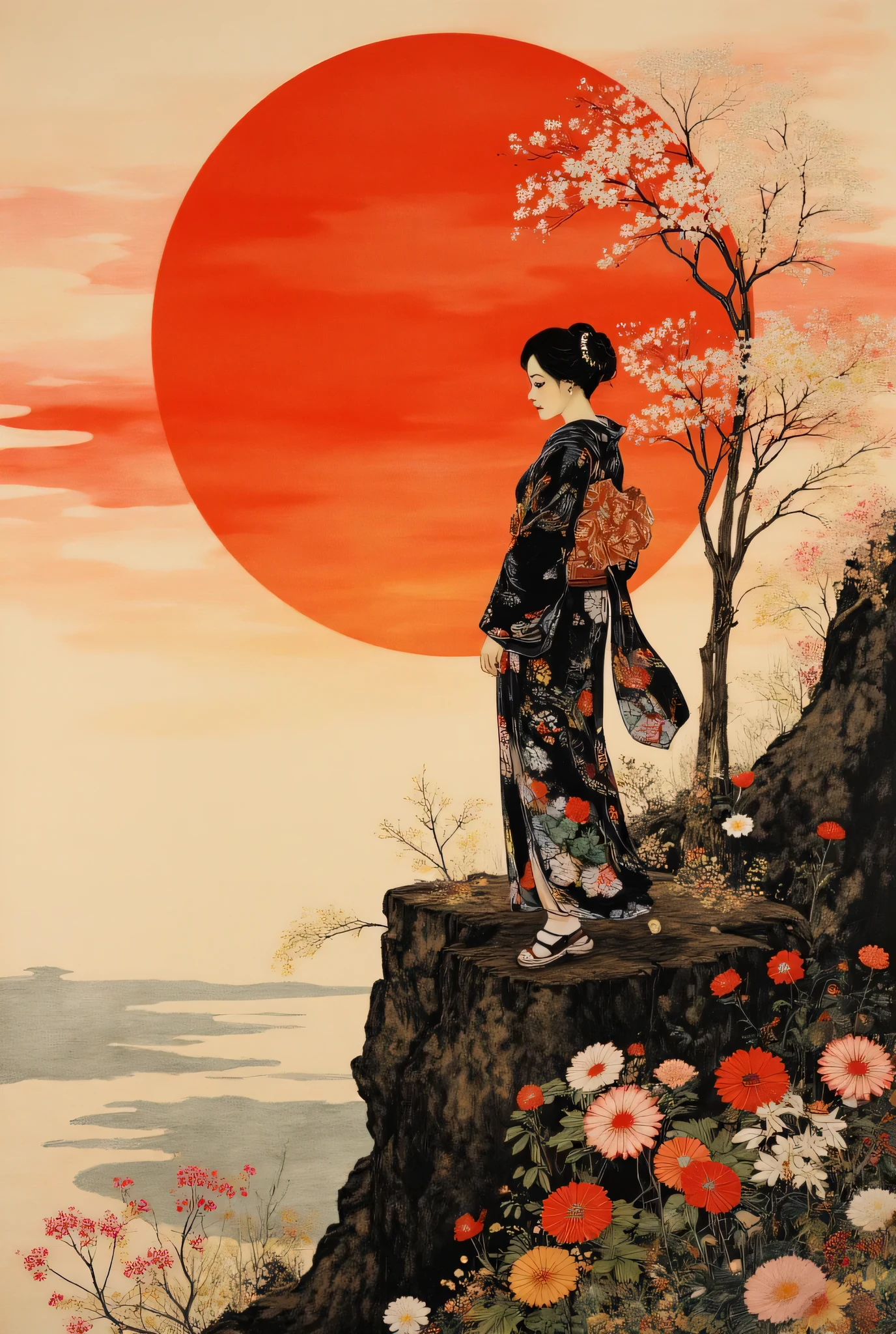 Woman in kimono standing on a cliff with the sunset in her back、painting style drawn in red and black ink、Digital Artwork、Highest Quality、high image quality、masterpiece