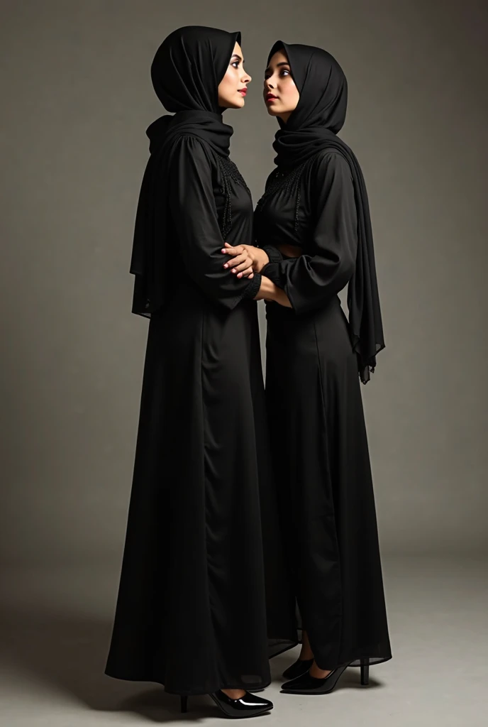 RAW, Best quality, high resolution, masterpiece: 1.3), two beautiful Malay woman in hijab, Masterpiece, perfect fit body, big breasts,, beautiful big eyes, Soft smile, two muslim women standing next to each other on a street, wearing beautiful clothes, black and brown colors, modest!, dressed with long fluent clothes, very beautiful style, black and brown, modestly dressed, modest, hijab, modern fashion outfit, highly aesthetic, beautiful burqa's woman, marvelous style, casual clothing style, wearing brown robes, with lovely look , City parks, Great lighting, Bright colors, Ultra realistic clean lines, very realistic