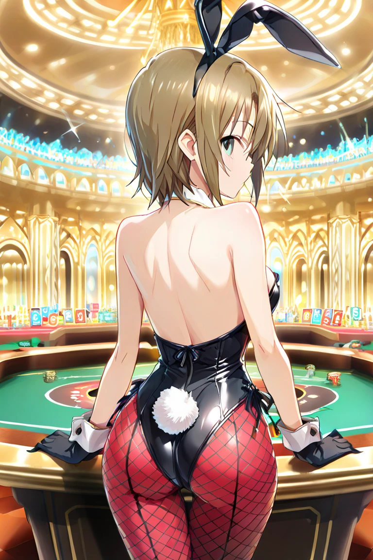 masterpiece, Highest quality, High resolution, HS1, Red eyes, Yellow Eyes, Side Ponytail, x Hair accessories,Pink is good,Hair Ribbon,Black Playboy Bunny, hair band, Bunny ears,Fishnet tights,casino,True Face,On all fours