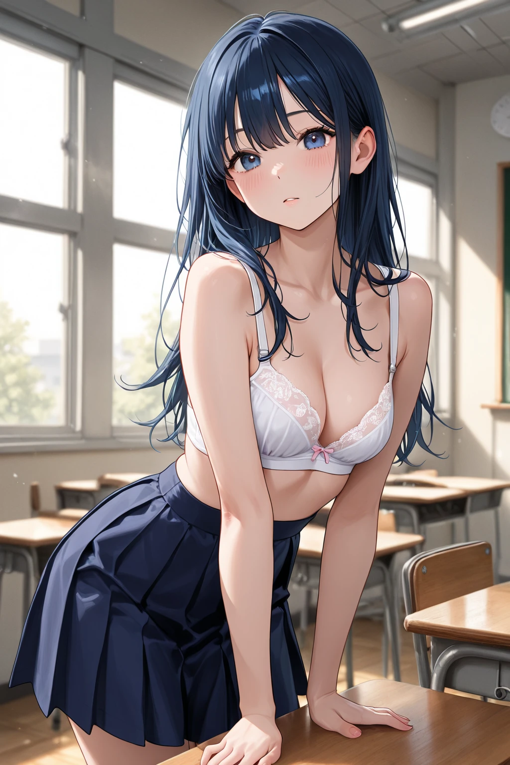 (masterpiece, highest quality, ultra high res, ultra detailed:1.3), 1 cute girl, ideal ratio body proportions, 17 yo, blue medium hair, high ponytail, sailor suit, , clothes covered nipples, blue pleated mini skirt, (white panties, high kicking the viewer:1.4), angry look, cameltoe, dynamic angle, classroom,