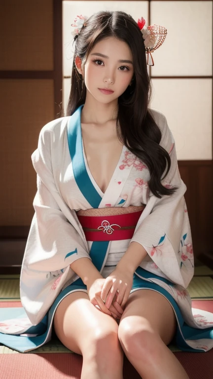 1womanl、(Super beautiful)、(beauitful face:1.5)、(Sit in a tea room in a temple in Japan)、with spreading legs、(Showing white panties)、(Kimono with red floral pattern:1.2)