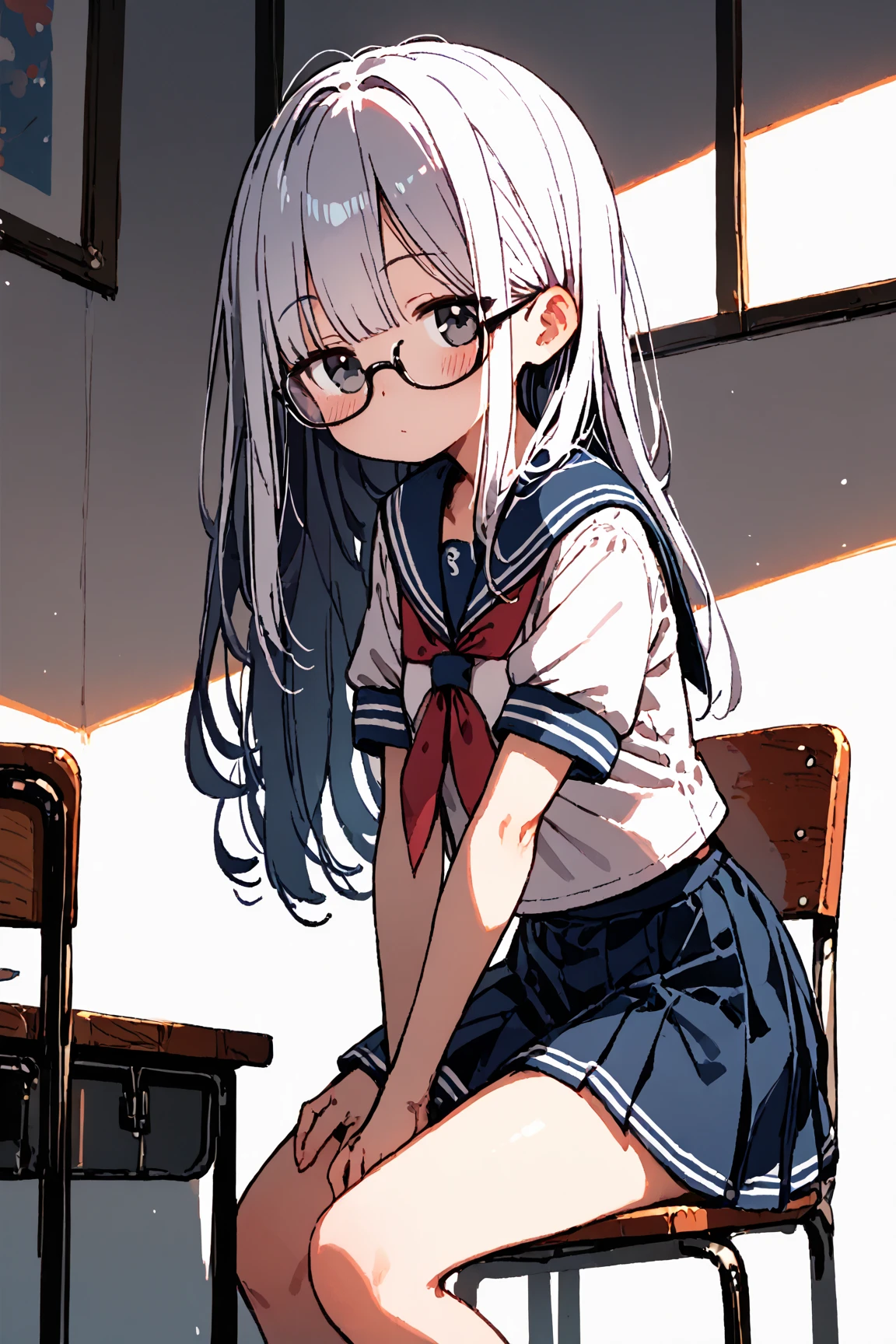 classroom、Glasses、cute、cool、Twin tails、Moe sleeves、white hair、White panties、Squatting posture