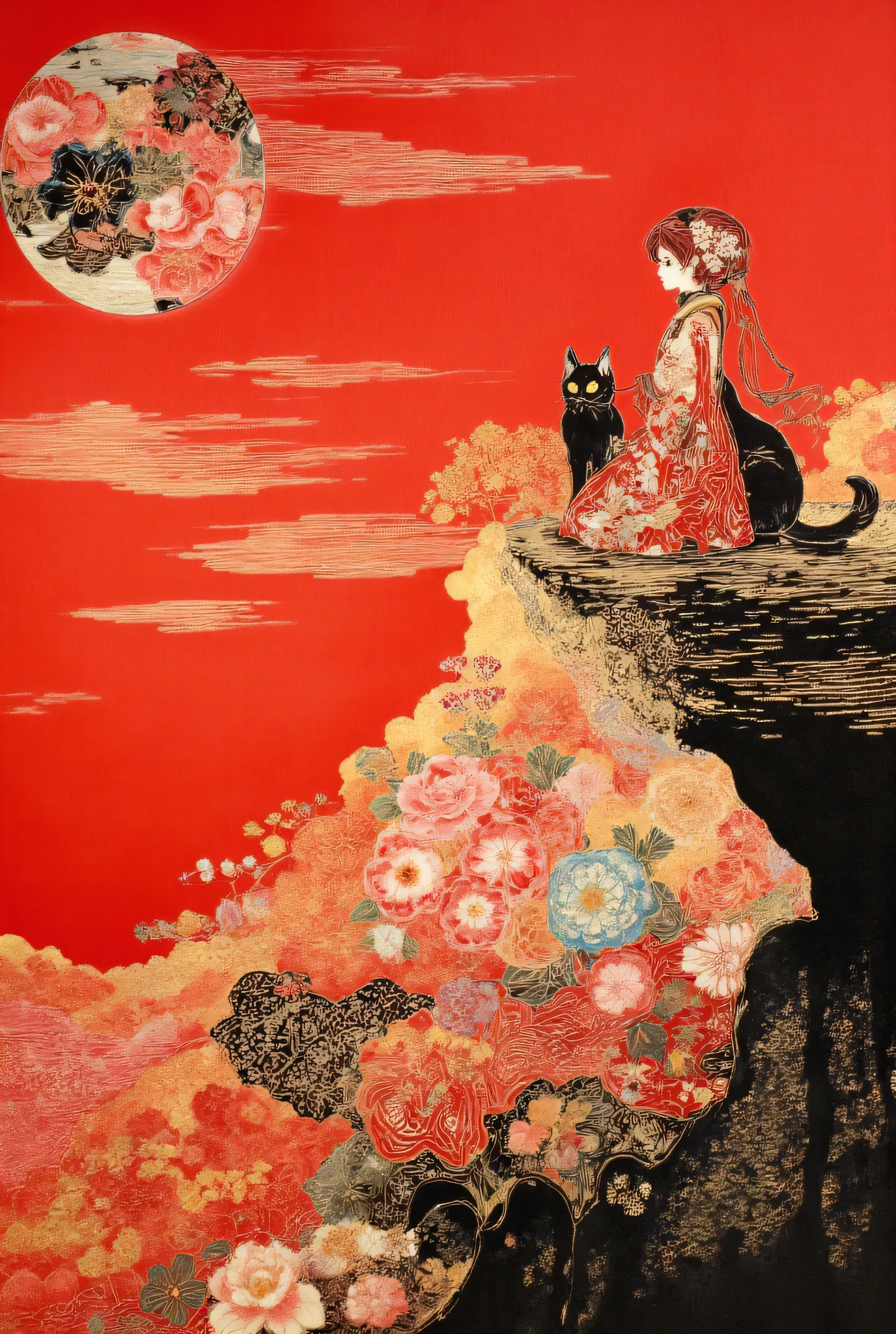 Ponyo and the black cat Gigi stand on a cliff with the sunset in the background、painting style painted in red and black ink、digital art、Highest Quality、high image quality、masterpiece