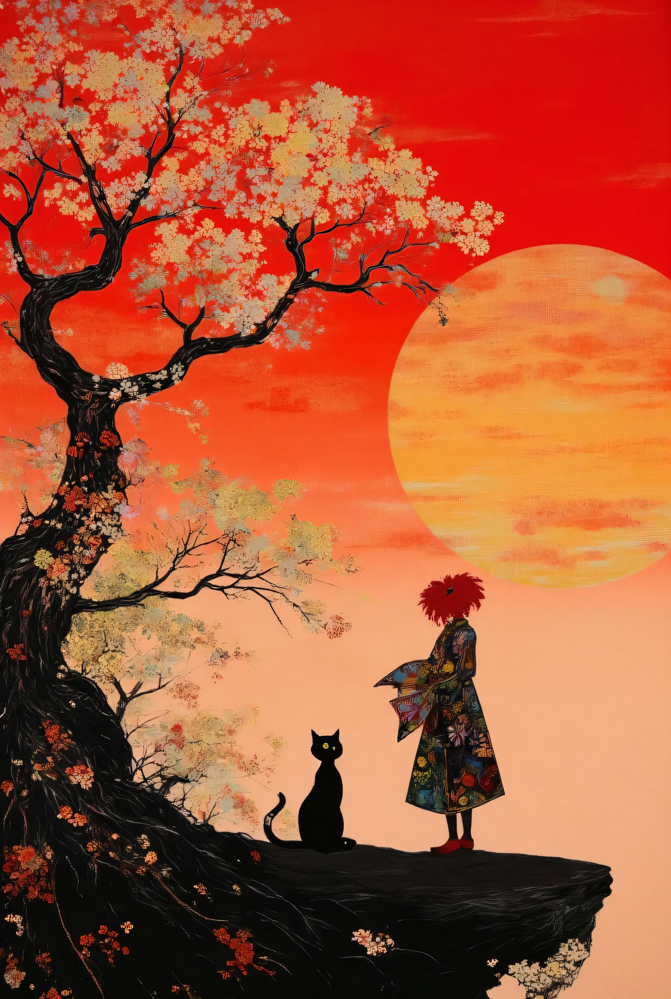Ponyo and the black cat Gigi stand on a cliff with the sunset in the background、painting style painted in red and black ink、digital art、Highest Quality、high image quality、masterpiece