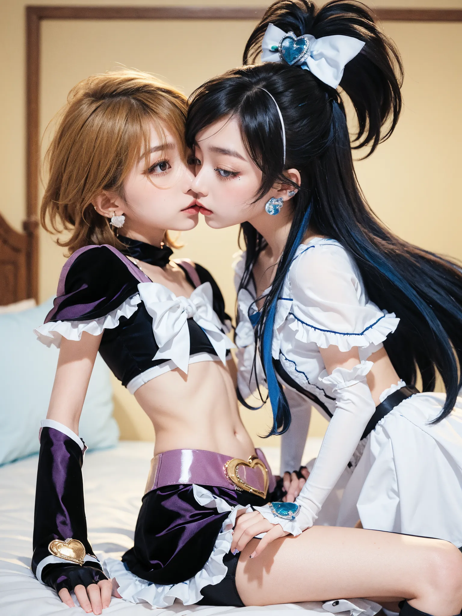 8K quality、High resolution、Two Princesses、Realistic skin texture、Two women love a penis sandwiched between them、High resolutionの肌、Women licking a man's penis with their tongues、Princess Hair、thin、Small and young breasts、Open the mouth to reveal a realistic tongue、Beautiful cleavage、Gray Hair、blue eyes、thin脚、Blonde French braid、、Full Body Shot、Wetting、Tearing clothes