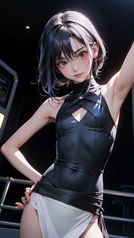 ((masterpiece, best quality)),((high resolution:1.3)), 1 Girl, solo, Cowboy Shot, Blurred Background, (((flat chest:1.2))), Thighs, (Groin), (sexy Racing Suits), ((cool pose)), (short hair)