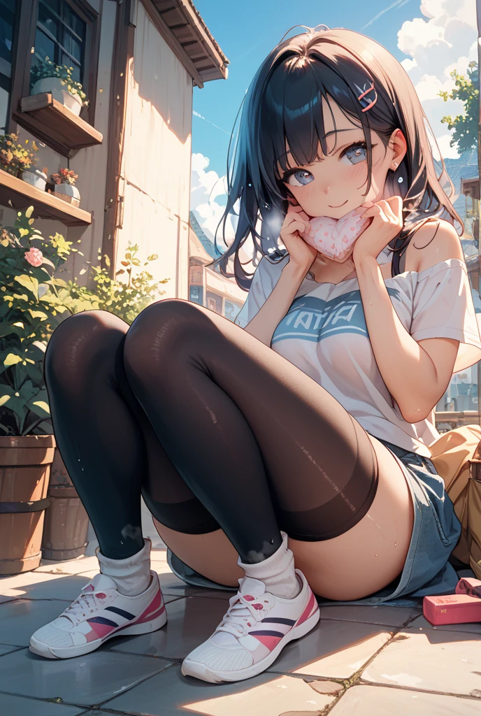 1 girl, sitting, socks, no shoes, looking at viewer, smiling, sitting on floor, ((black socks)), (sketch:1.25), best quality, (((perfect feet))), multicolored hair, high res, masterpiece, supersharp,