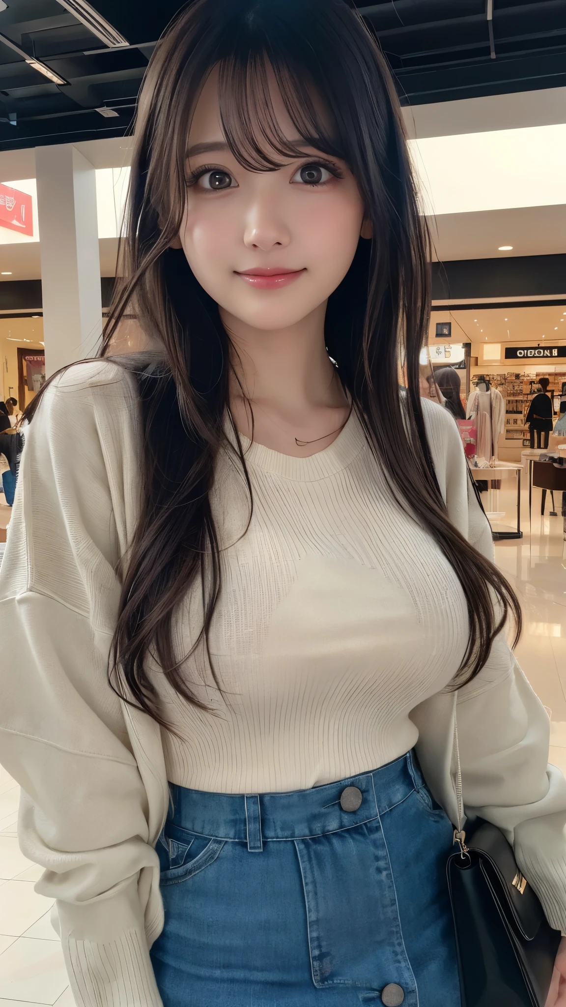A girl about 37 years old,Simple,extremely beautiful and exquisite,(Light makeup),black hair,sweet smile,Delicate, beautiful and fair skin,Realistic and realistic,Exquisite and complete facial features,Detailed depiction of face,high nose bridge,red lips,fair, gentle beautiful girl,smooth hair,extremely fine hair,femininity,light up your face,Surreal,lifelike,8K quality,extremely detailed,realistic details,masterpiece,Realistic to the extreme,big breast body,fair,pure desire,Breathtakingly beautiful,Peerless beauty,Highest image quality,8K resolution,welcome,Smile,Exquisite facial features,Hair over the shoulders,a brown haired one,Legs are long and thick,(((high waist french top))),(((short skirt))),Sunlight,face camera,well-proportioned body、strong,gentle eyes,Showing thighs,standing posture,Standing in the mall,Full body image