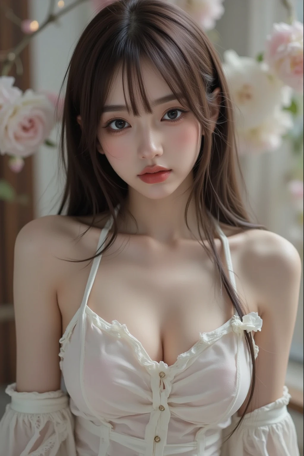 (8K、Raw photography、top-quality、masterpiece:1.2), nffsw, 1girl in, bangss, Bare_shoulders, the bow, bra very, brown_hitomi, cleavage of the breast, s lips,a navel, nase, Off_Shoulder, Open_Clothes, realisitic, white_Bra, white_Panties, shiny white skin、Beautiful delicate face、Beautiful delicate eyes、(realisitic、Photo Real:1)、Sitting at the window