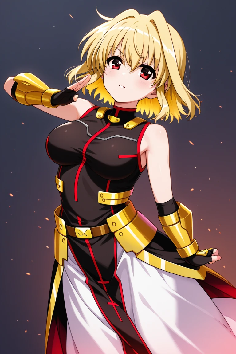 realistic, (masterpiece, top quality, best quality, official art, beautiful and aesthetic:1.2), extremely detailed,(1girl:1.3),cowboy shot,(looking at viewer),(holding single weapon:1.3),holding EA, Holding Sword of Rapture, pointing weapon at sky, from middle,black background,(night:1.2), filmg, insane happy expression, JunkoenoshimaTopless, solo, and long, thick, bleached strawberry-blonde hair tied in two twin pigtails, (heterochromia light blue and red eyes:1.2), 1girl, jewelry, standing, earrings, necklace, armor, tattoo, topless, Gold armor, shirtless, gold clingon bra, single gold gauntlet,shoulder armor,elbow gloves, one shoulder armor, gold cardigan over a red dress shirt, with both left open to the third button to expose the top of her gold-and-red bra, a red pleated miniskirt that is cut extremely short, and mid-sized gold and black boots with platform heels and red laces, standing, full body portrait