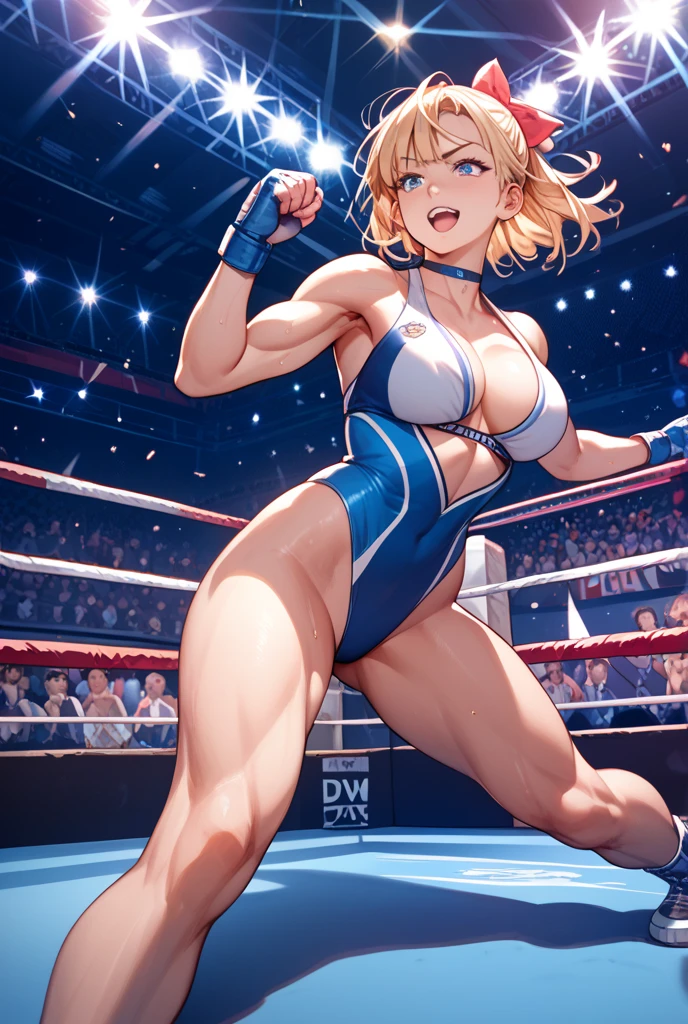 Zelda, big  tits, big ass, thick juicy thighs, tight tiny  mini skirt, tight pushup bra,  boxing gloves, flirty naughty posing.  35 years of age