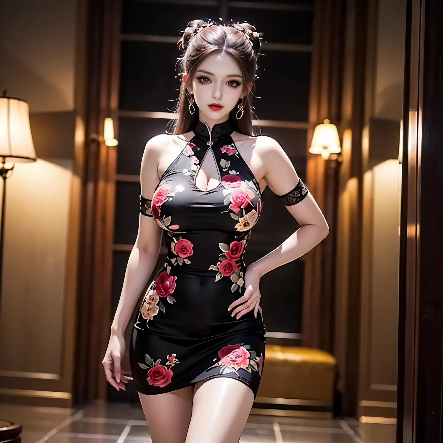 1girl, korean model women, messy hair, plumpy body, perfect body, tall body, (medium breast:1.3), cleavage, flirting pose, indoor, gothic interior background, gothic cheongsam dress, stylish, gothic style, gothic hair style, black hair, eye reflection, (gothic style makeup), gothic style jewellery, sleepy, bored, looking the audience, sfw, Fujicolor, masterpiece, ccurate, anatomically correct, textured skin, super detail, 4K