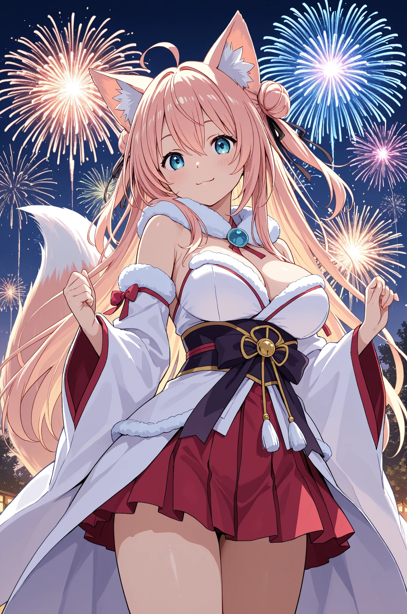 (Highly detailed CG Unity 8k wallpaper), (Best Quality), (Super Detail), (Best Illustration), (Best Shadow), POV, Realistic lighting and shading, Natural light, Lens flare effect, BREAK, 1 beautiful girl, Solo,(Cute:1.5),(Chibi:0.8), (kawaii:1.5),(Lori:0.5), BREAK, ( (17 years old girl), Very detailed, colourfull, highest details, BREAK, (Huge breasts: 1. 2,), Clear skin, Beautiful skin, Shy skin, 1 beautiful girl, Brown hair wet with sweat, (Cat ears, Side tail,medium-Long hair: 1. 2), (Light blue eyes, long eyelashes, Double eyelids: 1. 2), Solo, gleaming skin, BREAK,(bath robe,Dark blue obi kimono:1.2), (White ruffled bra shows off:1.2), (star-shaped earring:1.1), (Hair ornament in the shape of the moon:1.0), (Red clogs:1.3), (Arms spread with high tension:1.1), (is standing,Slouched:1.3), Angle from chest to top, (Angle from below,Emphasizes cleavage:1.1), BREAK, (omatsuri:1.2), (Fireworks:1.4), (edo period:1.4), (Summer festival:1.2), (food stand:1.4), Paper Lante
