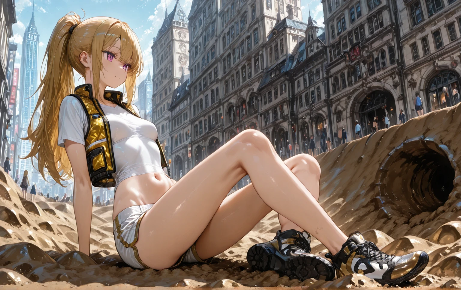 Giantess, long sexy legs, yellow hair, bikini,lying on top of destroyed buildings, city at her feet burns in flames for the destruction she has caused, tiny people climb on her body to try to defeat her uselessly. Giantess, goddess, macrophilia, curvaceous body, hentai, fetish, sexy legs, bikini, high heels, high quality, tiny people, people climbing body, giantess body, small people, crew of tiny people

