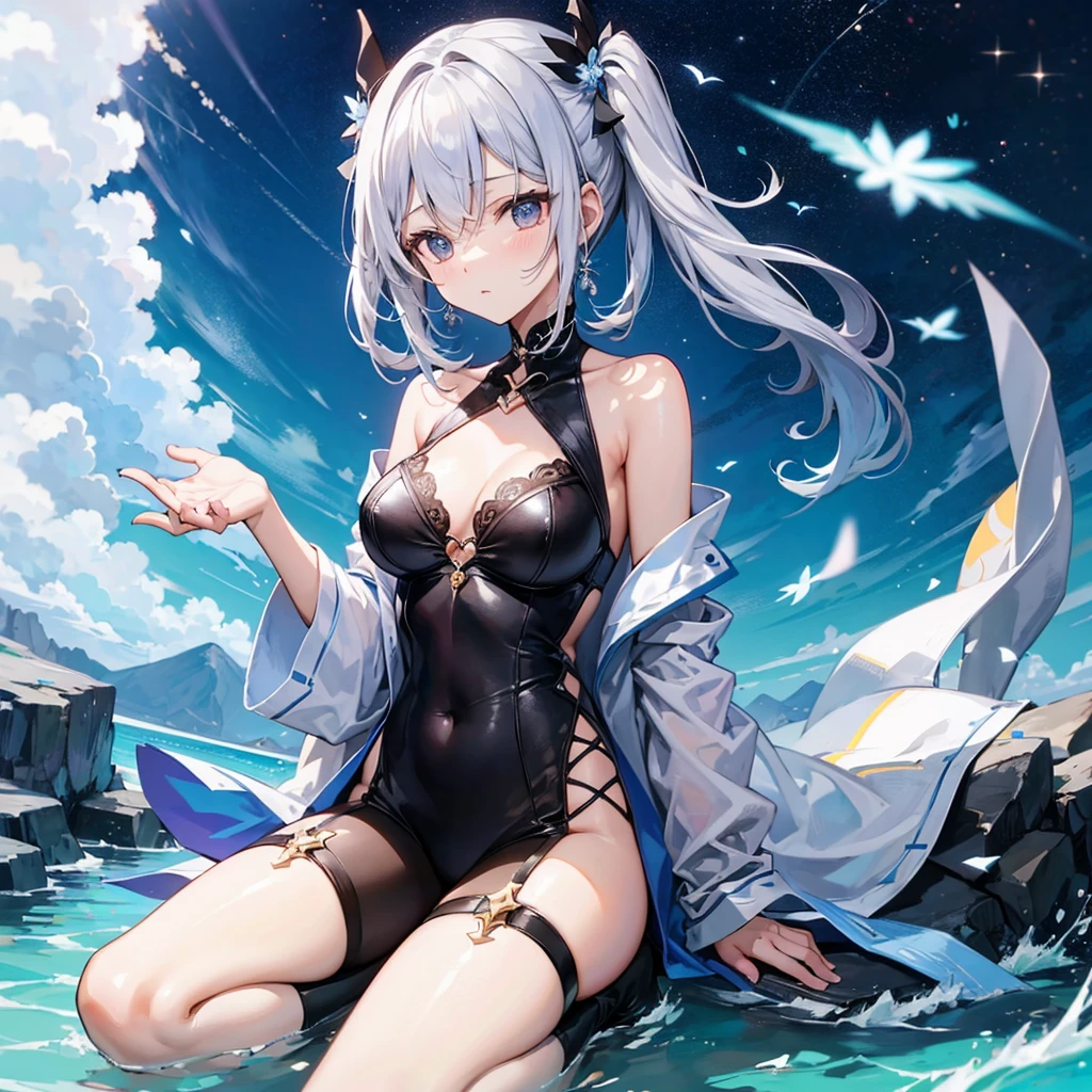 One person, ponytail ,Gray Hair, Purple eyes, magic circle, Blue Fire, Blue Flame, wallpaper, landscape, Depth of written boundary, night, Particles of light, light, Side light, Thighs,, Genshin Impact, ****, , skirt, Knee socks, cloud, naked, tits, 全naked, Cat ear, cute, Images used for male masturbation, Sexy
