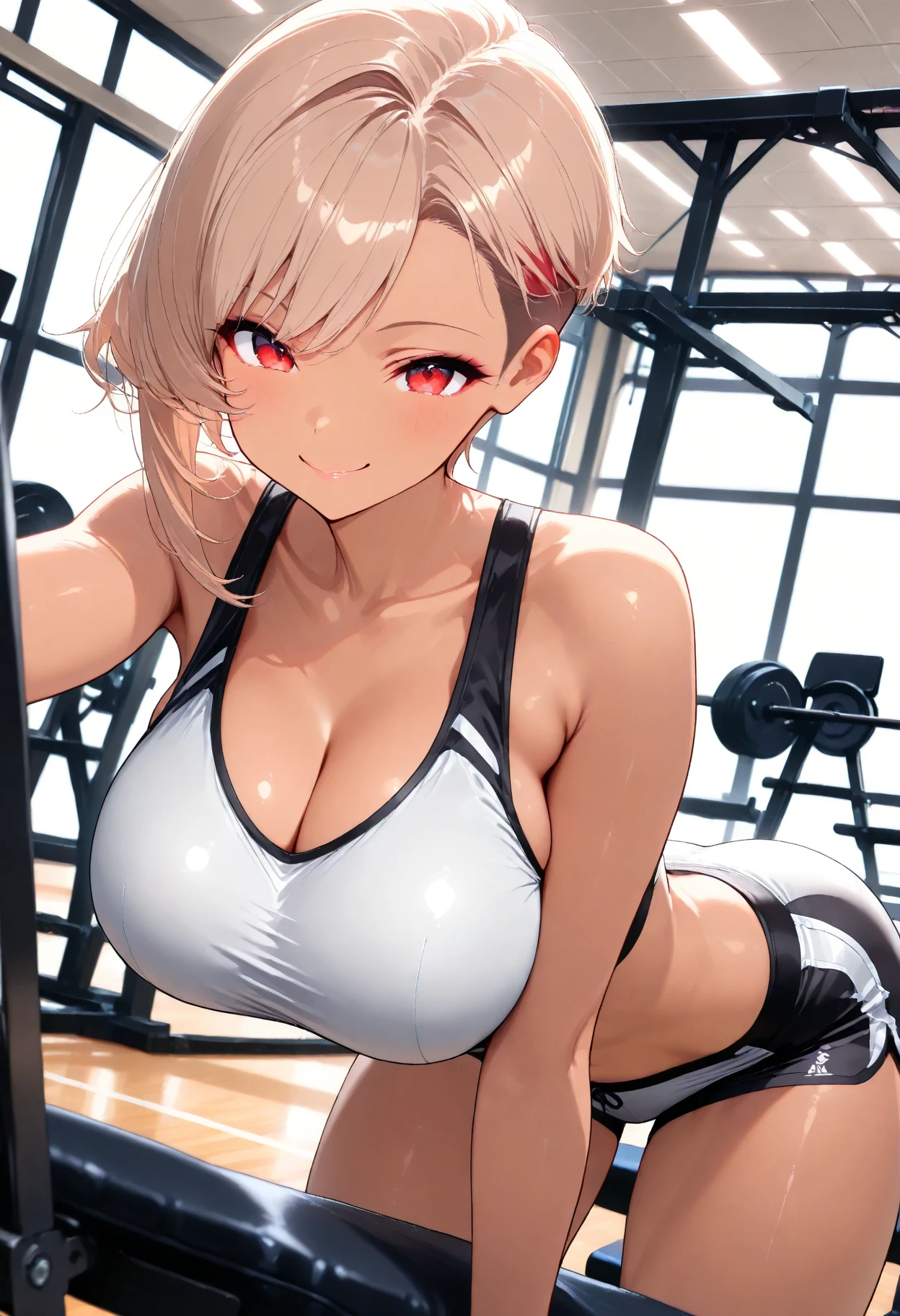 Anime girl big boob
Tight bra
White hair
In gym