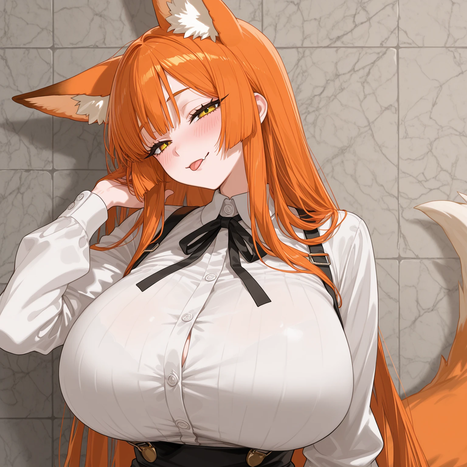 ((Best Quality)), ((masterpiece)), (detailed), 1 girl, Orange hair, long hair up, fox ears, clear skin, blue eyes, big breasts, wide thighs, white kimono with red flowers, Fox tail, happy expression, short stature, at home