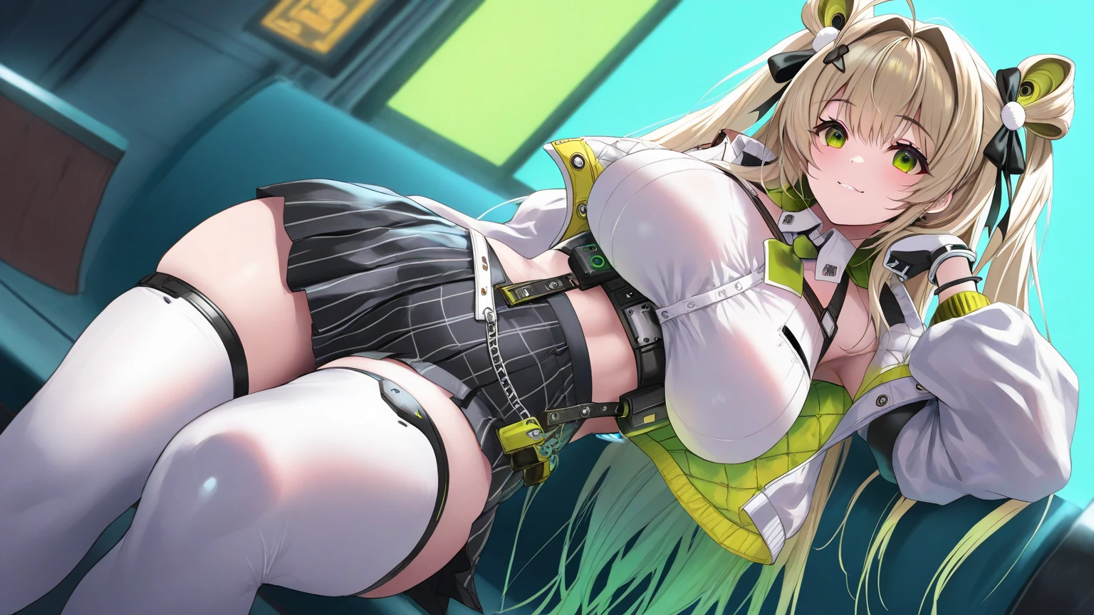 <lora:kurowa_V01:0.8>
1girl, kurowa, green eyes, knight girl, 
white hair, single hair bun, long hair, ponytail, hair intakes, hair band with black, black crown,
chest armor, thigh boots, white footwear, thighhighs, boots, detached sleeves, cleavage, bare shoulders, white dress,  green cross, 
angry, blush,  open mouth, cowboy shot, from below, from front, (squatting), (spread legs), (arms up), (hand on the head), (armpits), 
Otaku room, gaming PC, PC monitor, gaming chair,
(masterpiece), (best quality), (ultra detailed), highly detailed, intricate details, High quality shadow, Cinematic Light, perfect anatomy,