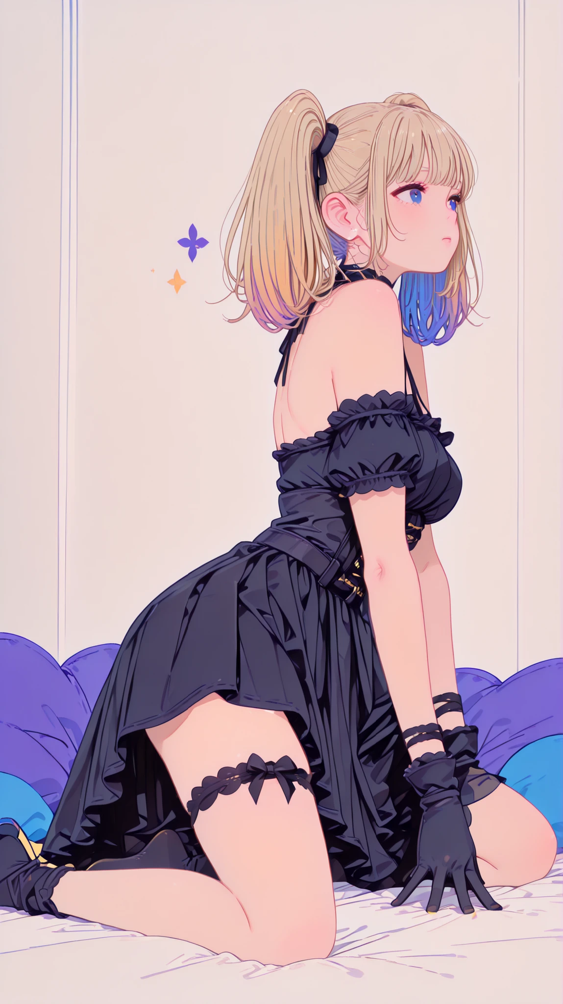 flat line, flat vector illustrations, nsfw, masterpiece, Highest Quality, high resolution, 4K, 8k, exposed female genitals, flat illustration, 2D, Soft Colors, Warm colors , Low Contrast, soft lighting, bright colors, complicated details,Lie on your back on the bed,cowboy shot sexy pose,(((1girl))),((Ani_from_Grok:1.3)),exact finger count、background white、This is art 、masterpiece、beautiful woman、beautiful skin、Adult Female、 Blonde Twin Tails、medium hair、black ribbon、blue eyes、full body black gothic、Elegant Gothic Dress、slender,medium breasts、超high resolution、ultra HD with a man's ankle、 Beautiful Angle 、natural facial proportions、 Natural body curves 、Face Correction 、highlight your nails,,corset,Arm Wraps ,black gloves,asymmetrical thigh high socks,white background, blurred background,simple background