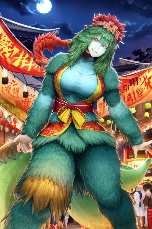 score_9, score_8_up, score_7_up, BREAK 1girl, solo, gcku, two-tone skin, yellow eyes, lizard girl, animal ears, lizard tail, blue hair, long hair, large breasts, hair flower, claws, <lora:GeeckuPDXL_V1-Manityro-CAME:1.0>, outdoors, night, dark, fireworks, river,
looking at viewer, looking back, smile, cowboy shot, toned, rear view,
white kimono, off-shoulder kimono,